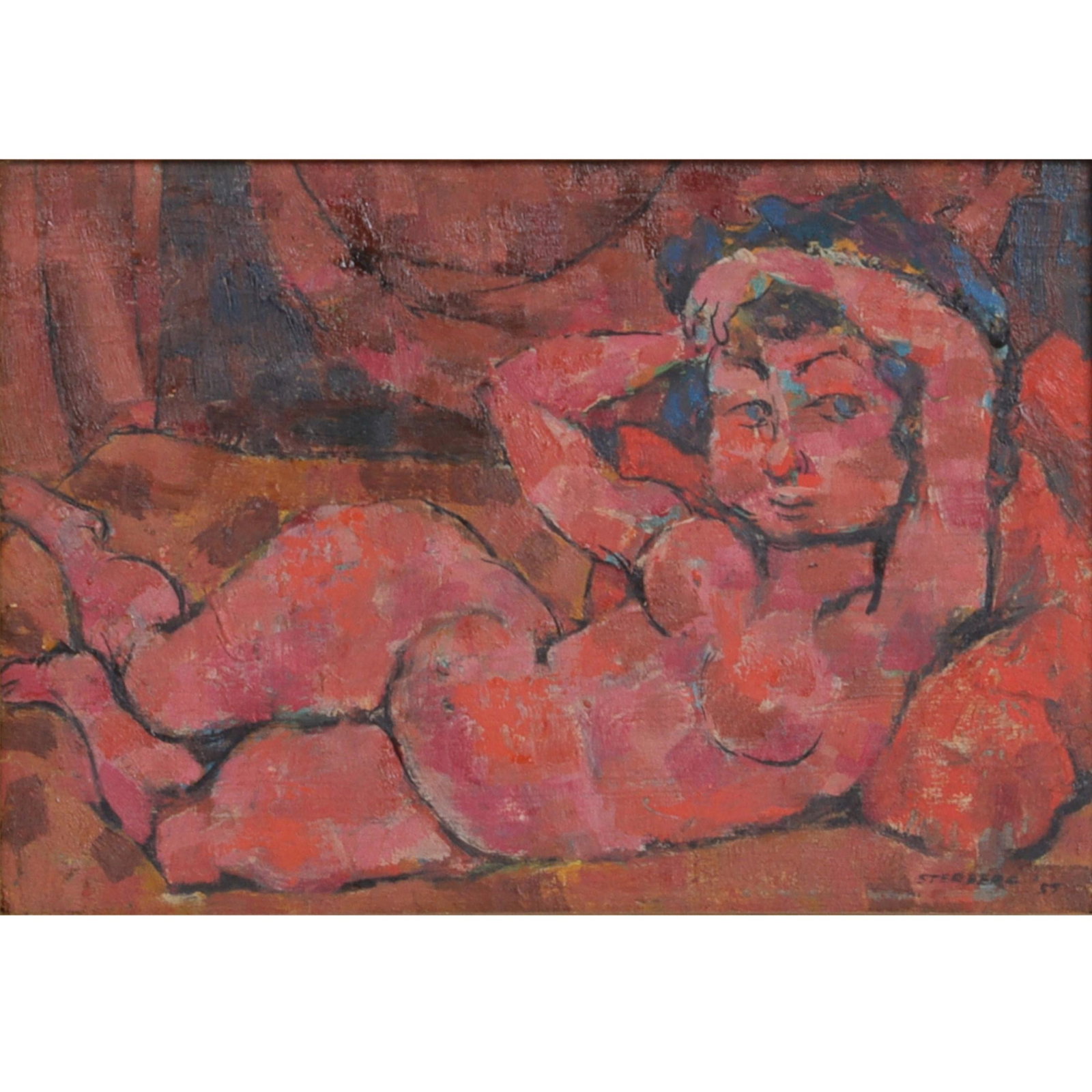 Harry Sternberg, New York, California. (1904 - 2001), Nude in Red, 1955, oil on wood panel, 8"H x 11: Harry Sternberg New York, California. (1904 - 2001) Nude in Red, 1955 oil on wood panel signed and dated lower right. From the Archives of askART: Biography from The National Museum- Renwick Gallery H