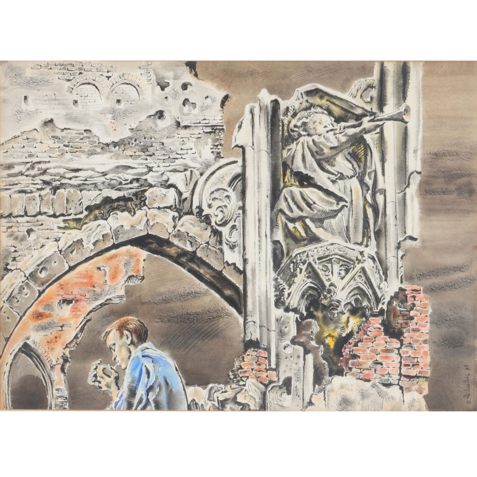 Georges Schreiber, New York / Belgium (1904 - 1977), untitled smoking man under arch, 1948, ink and: Georges Schreiber New York / Belgium (1904 - 1977) untitled smoking man under arch, 1948 ink and watercolor on paper signed and dated lower right. Biography from the Archives of askART: George Schreib