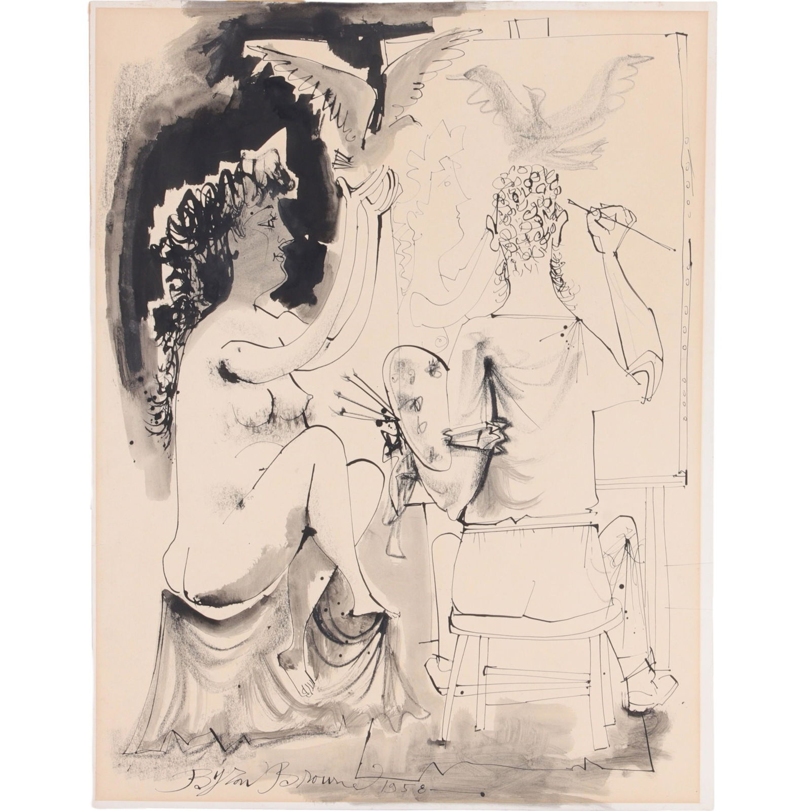 Byron (George Byron) Browne, New York (1907 - 1961), Artist and Model, 1958, ink wash on paper, 26"H: Byron (George Byron) Browne New York (1907 - 1961) Artist and Model, 1958 ink wash on paper signed and dated lower center. Not framed.There are four small tears to the left edge on the lower half of t