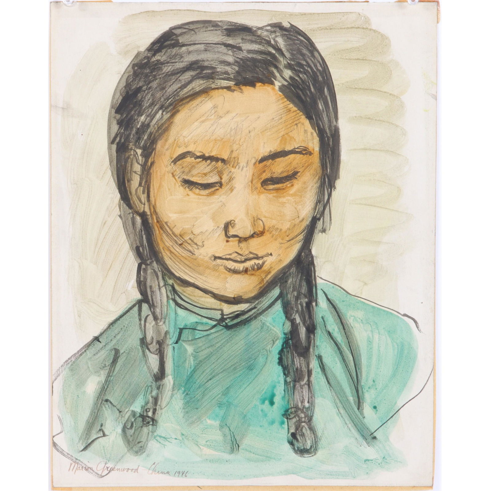 Marion Greenwood, New York / Mexico (1909 - 1970), China, 1946 portrait of a young woman, watercolor (1 of 5)