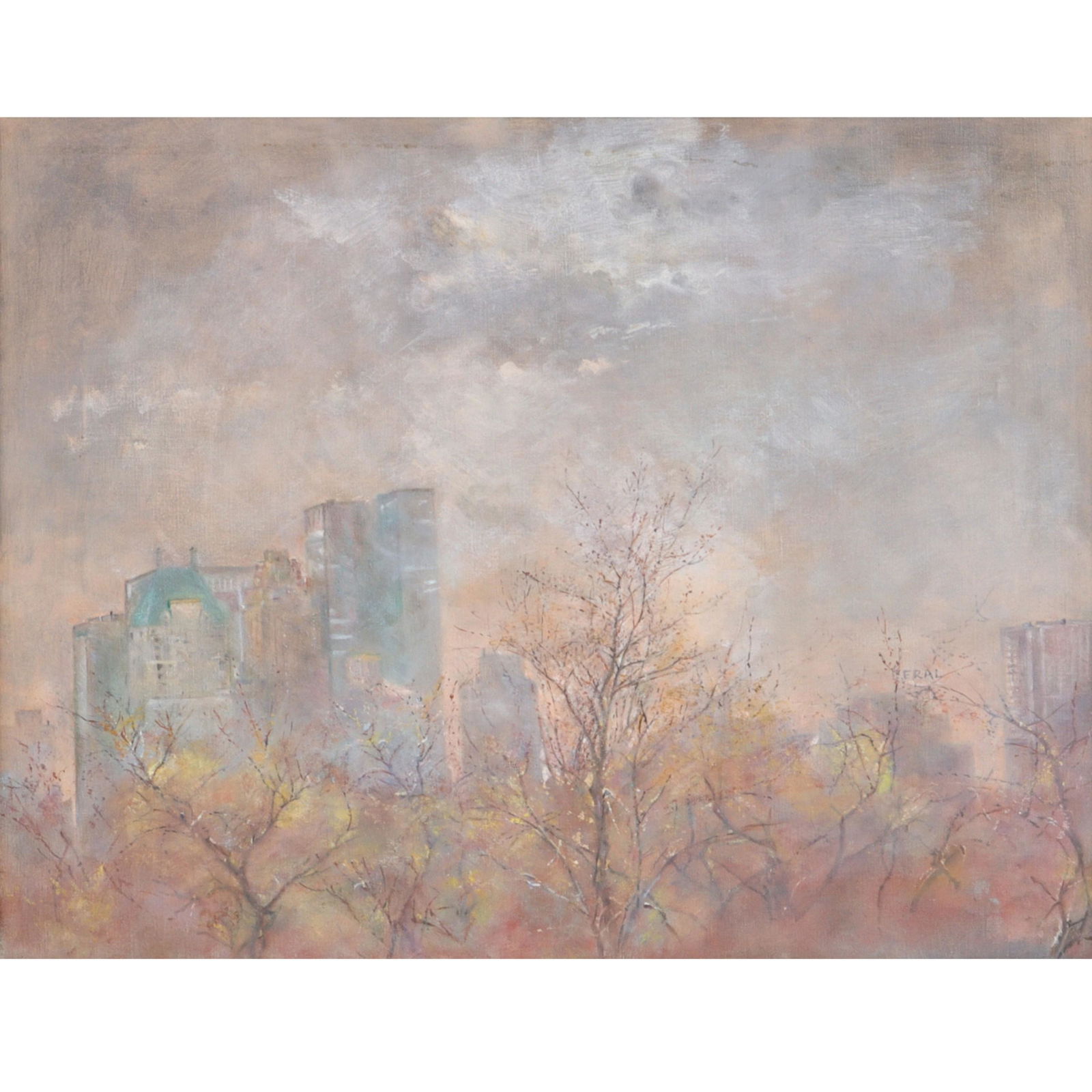 Felicia Meyer Marsh, New York (1913 - 1974), Skyline Over Treetops, oil on canvas, 13 1/2"H x 17: Felicia Meyer Marsh New York (1913 - 1974) Skyline Over Treetops oil on canvas unsigned. waviness, looseness, dents to canvas. Biography from the Archives of askART: The wife of Reginald Marsh, Felici