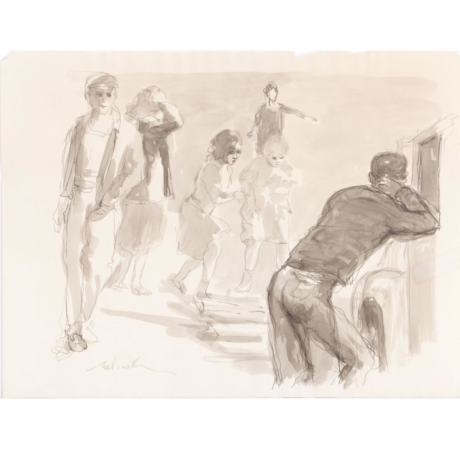 Edward Melcarth, New York / Italy. (1914 - 1973, untitled scene with figures, ca.1952, ink wash and (1 of 7)