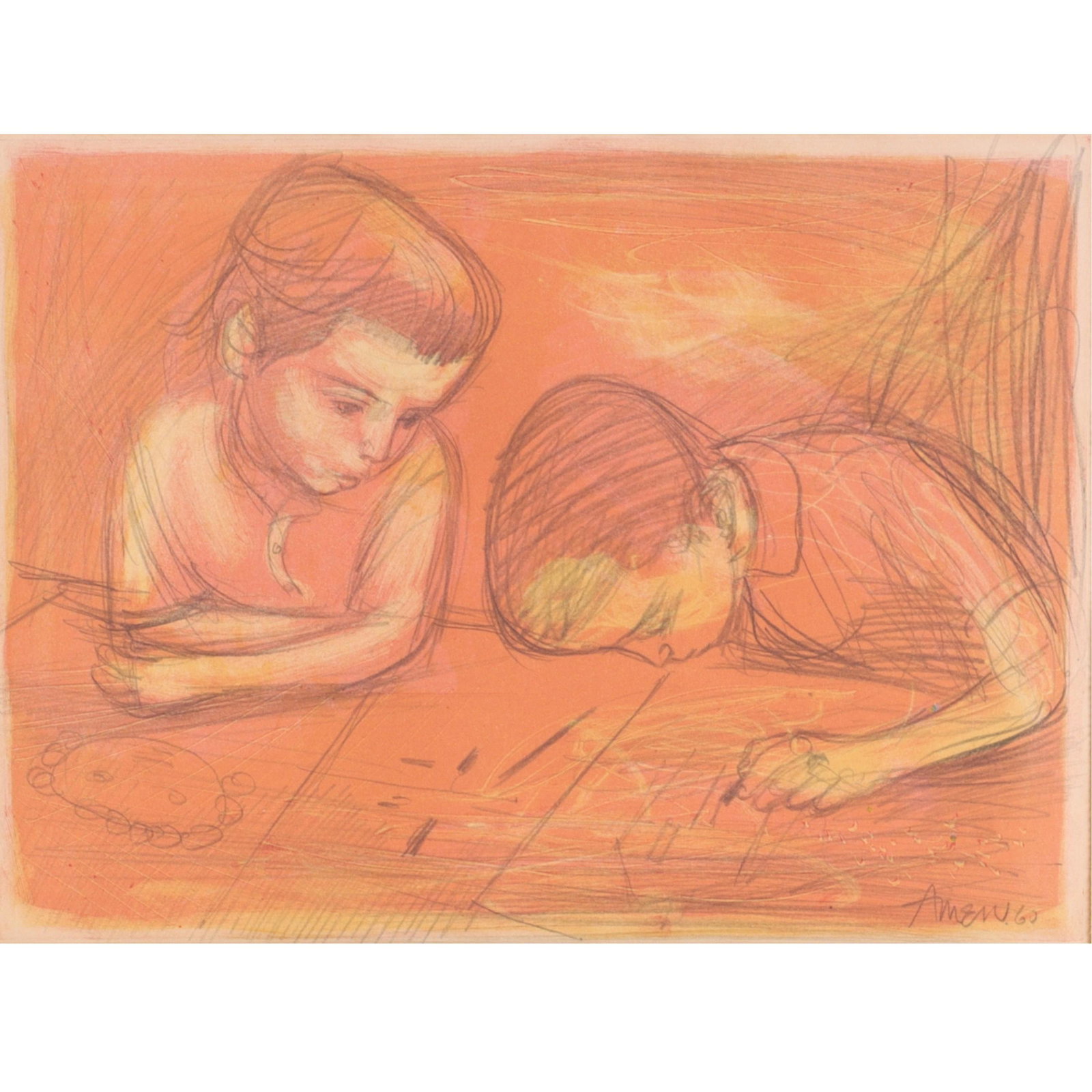 Irving Amen, New York, Florida (1918 - 2011), Children Drawing, 1960, crayon on paper, 13 3/8"H x: Irving Amen New York, Florida (1918 - 2011) Children Drawing, 1960 crayon on paper signed and dated lower right. Biography from the Archives of askART: Born in New York City, he began drawing at the y