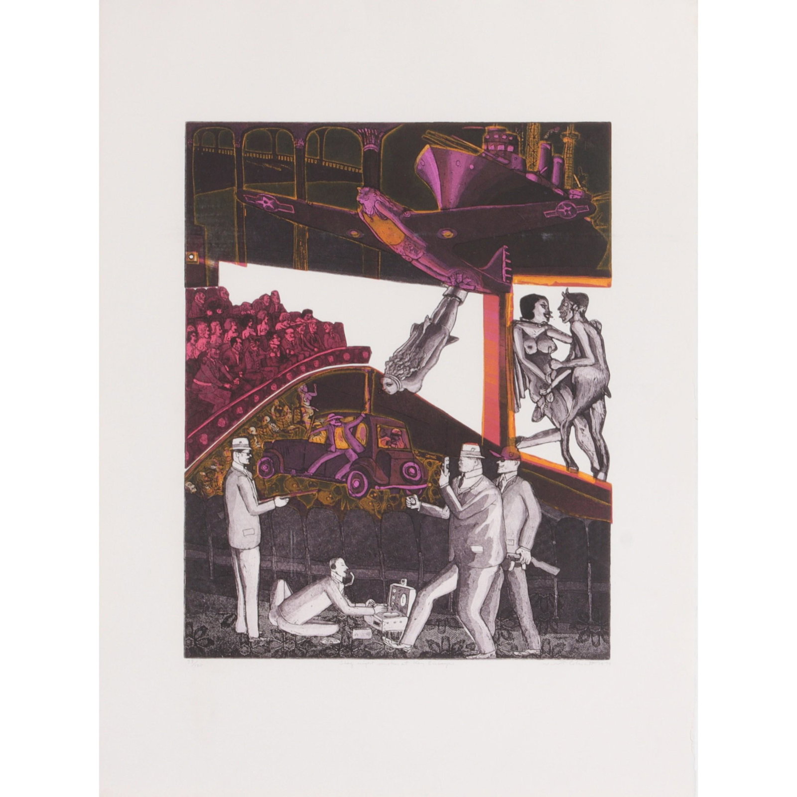 Warrington Colescott, Wisconsin, California (1921 - 2018), Stag Night Smoker at Key Biscayne, 1972,: Warrington Colescott Wisconsin, California (1921 - 2018) Stag Night Smoker at Key Biscayne, 1972 etching and aquatint pencil signed and dated lower right, numbered 33/120 lower left. Biography from th