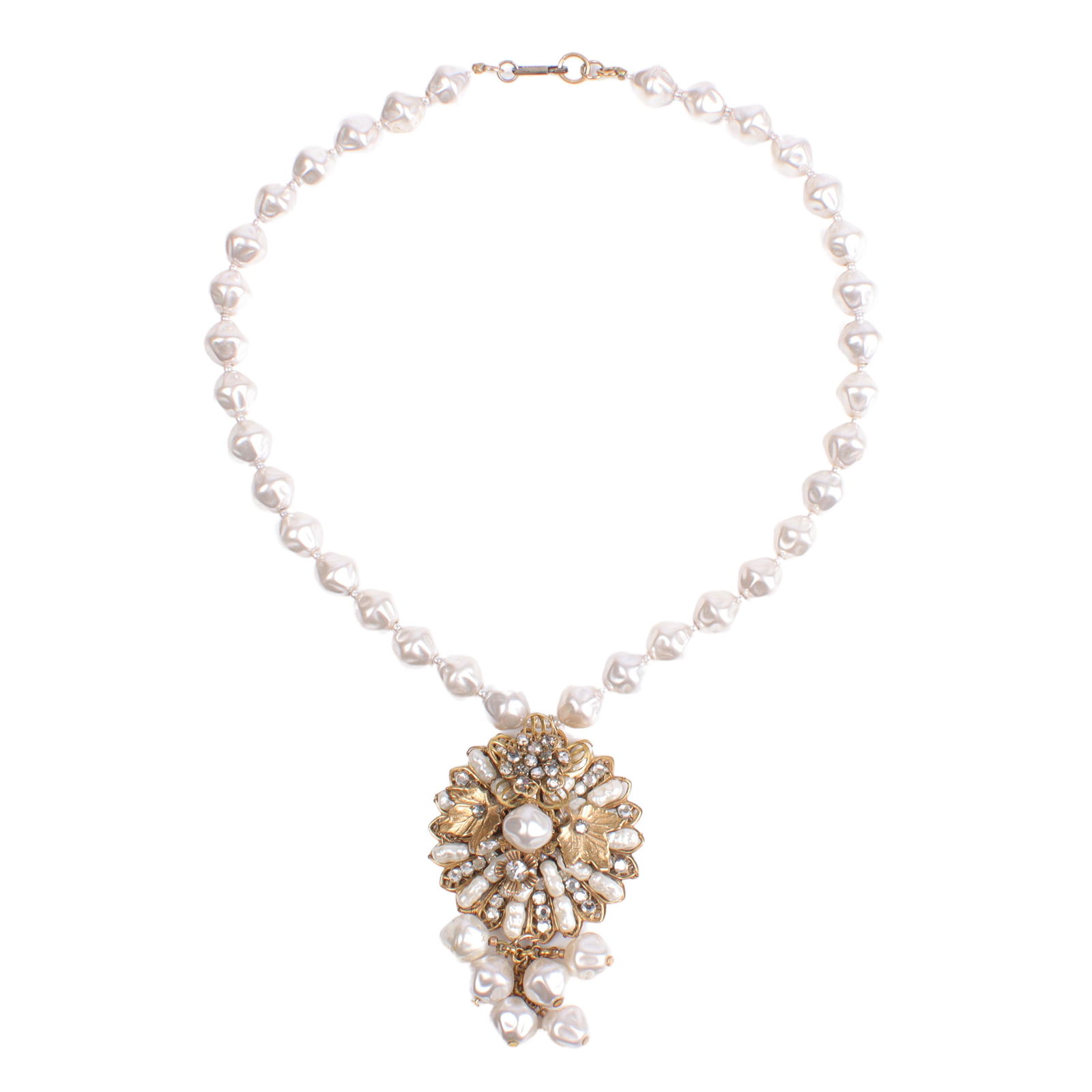 Unsigned Miriam Haskell faux pearl strand necklace with rhinestone pearl cluster on gilt brass (1 of 4)