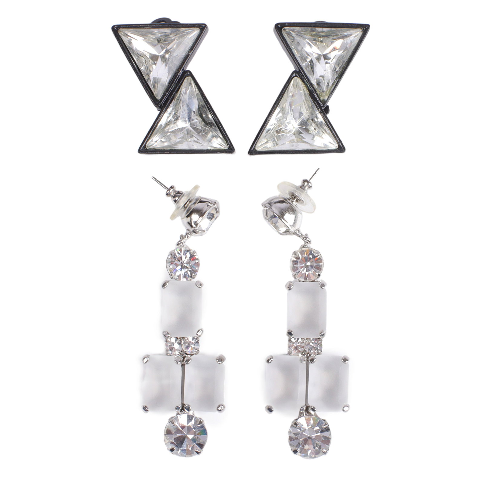 Kenneth Jay Lane KJL 2pc crystal earring group: black framed double triangle earrings, 2 3/4"H x (1 of 7)