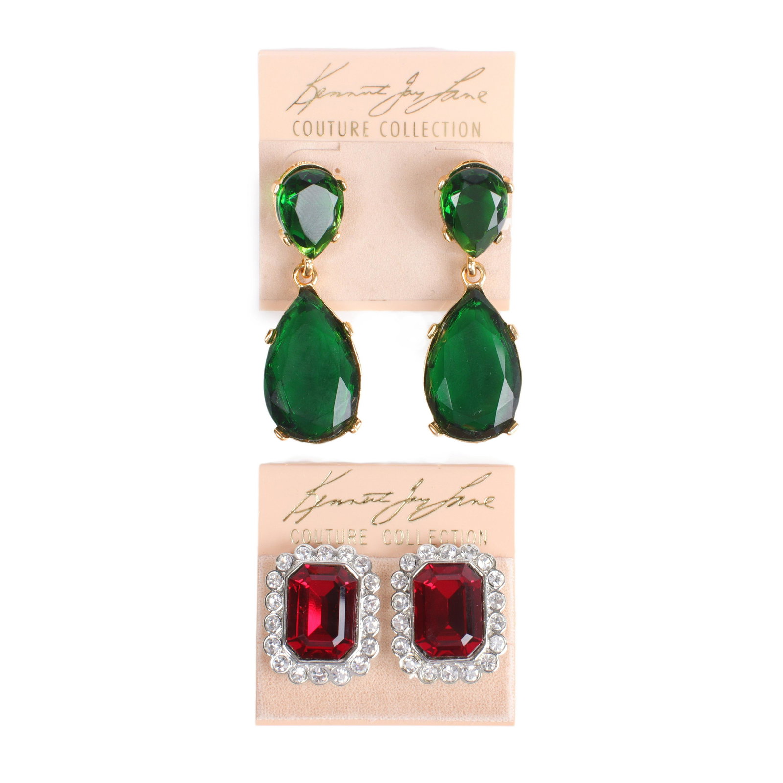 Kenneth Jay Lane KJL large faceted green and red jewel 2pc earrings group: gold tone green drop (1 of 6)