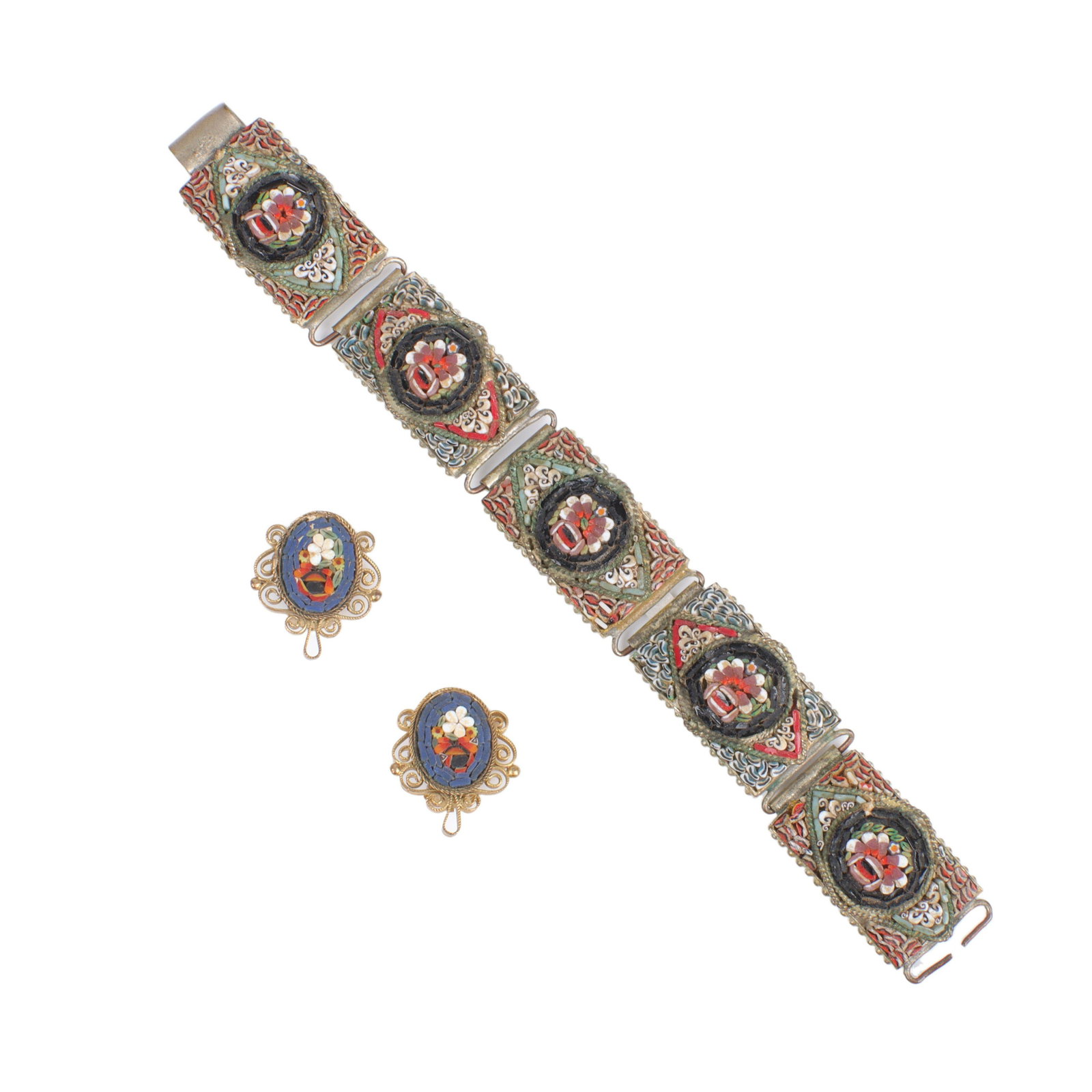 Italian floral micro mosaic rose floral link bracelet and filigree framed earring set. 6 3/4"L x (1 of 6)