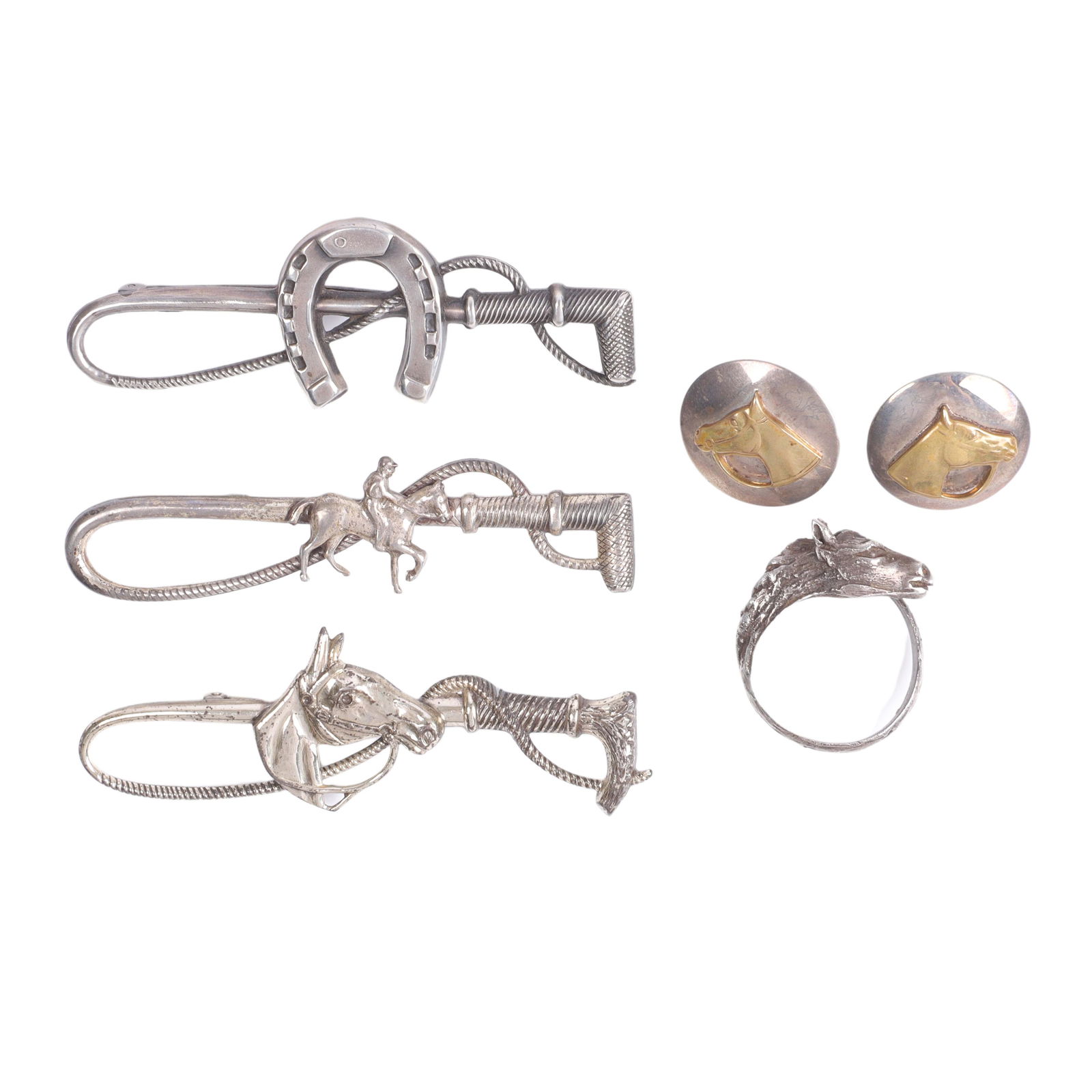 5pc silver equestrian jewelry group: including 3 sterling silver riding crop pin brooches 7/8"H x 2 (1 of 7)