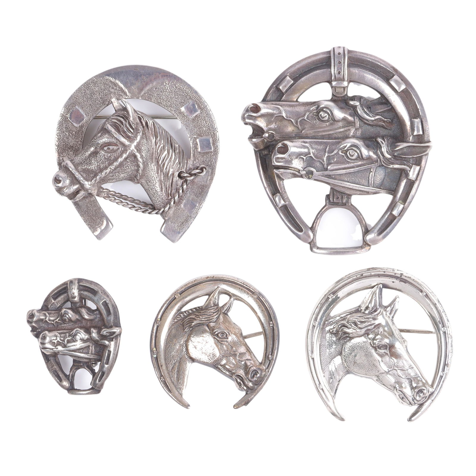 5pc sterling silver equestrian Derby horse head and horseshoe pin brooch group. 2"H x 1 7/8"W (1 of 7)
