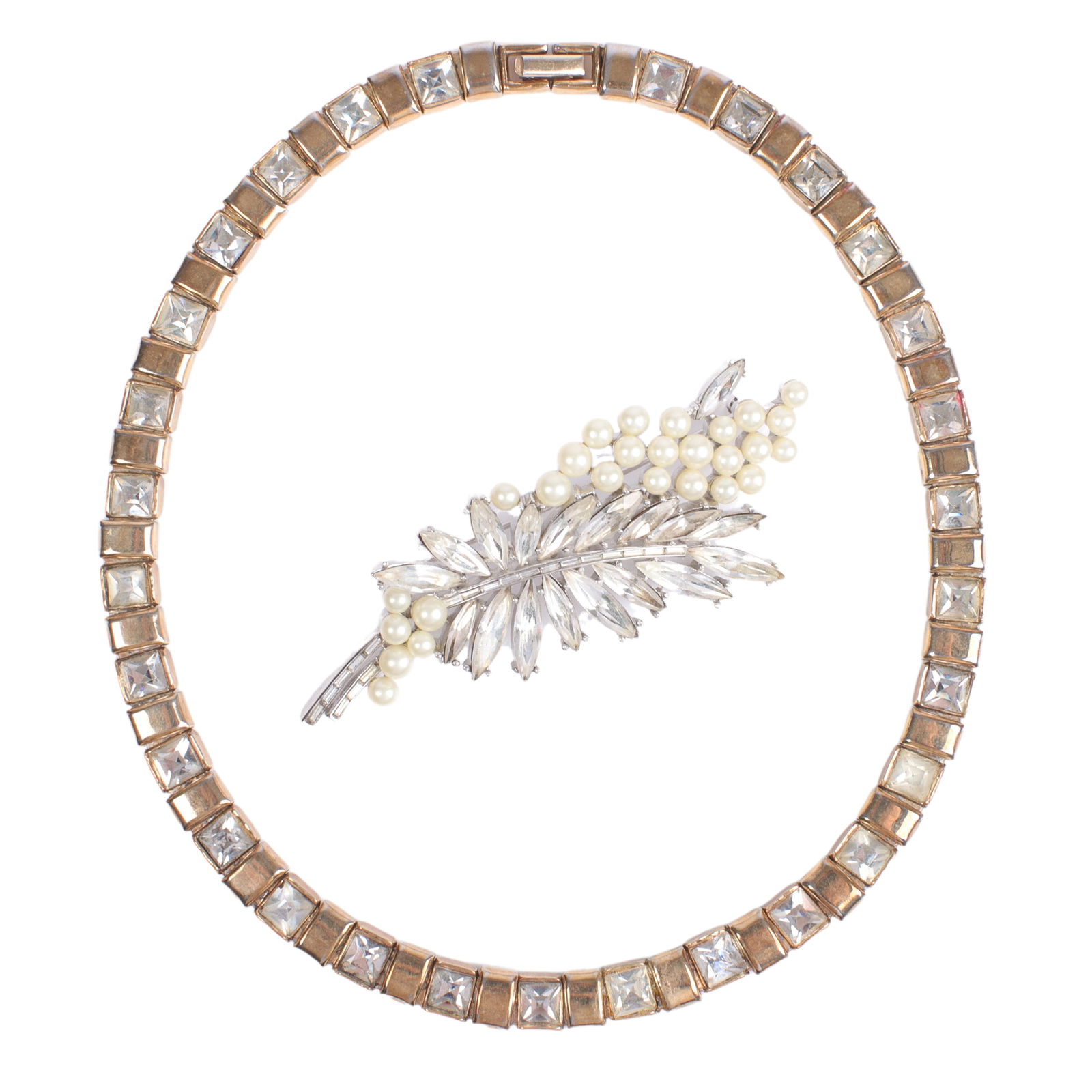 Trifari 2pc jewelry group: large retro navette crystal and faux pearl floral spray pin brooch, 15 (1 of 5)