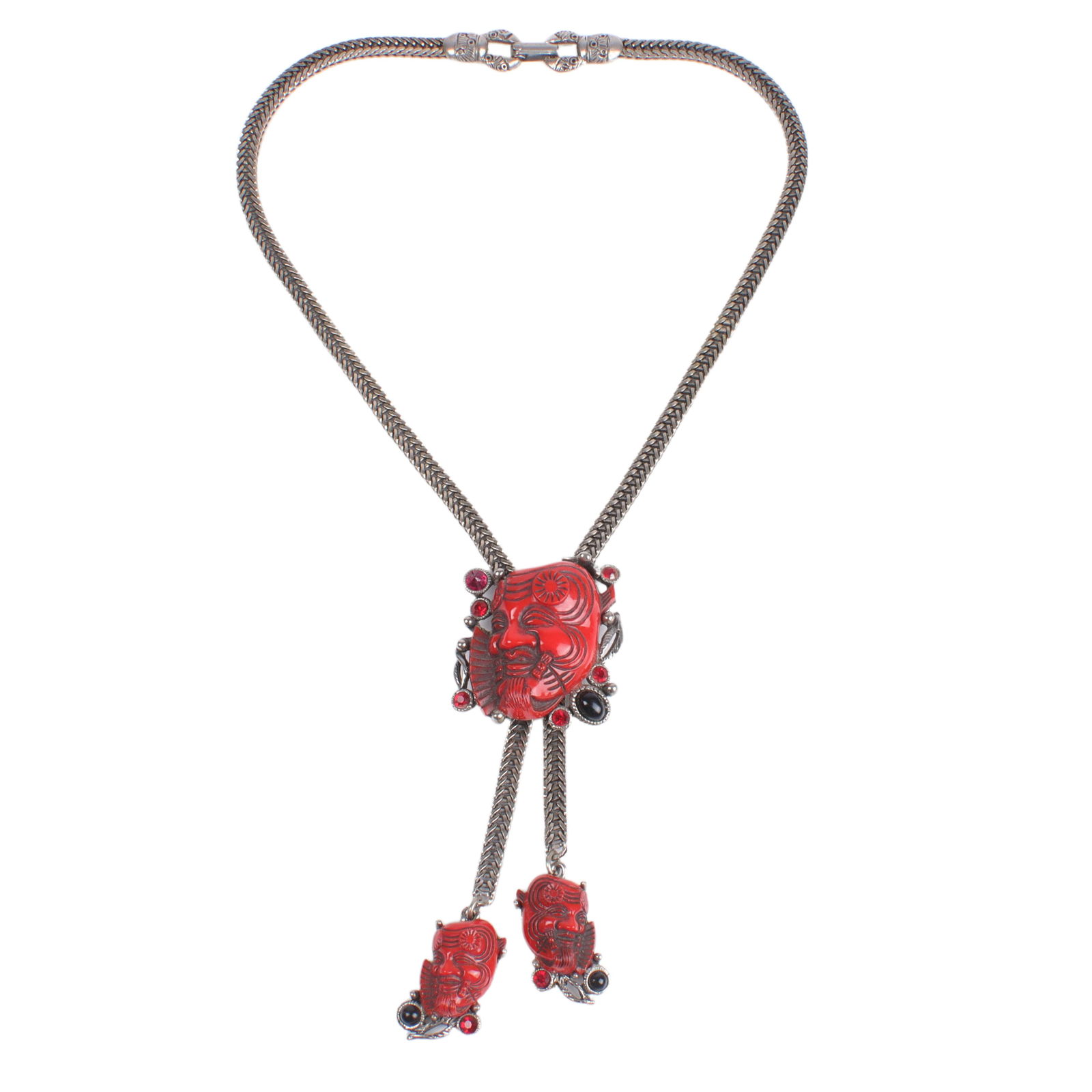 Selro Selini silver tone chain lariat bolo necklace with carved red resin Asian mask slider and (1 of 6)