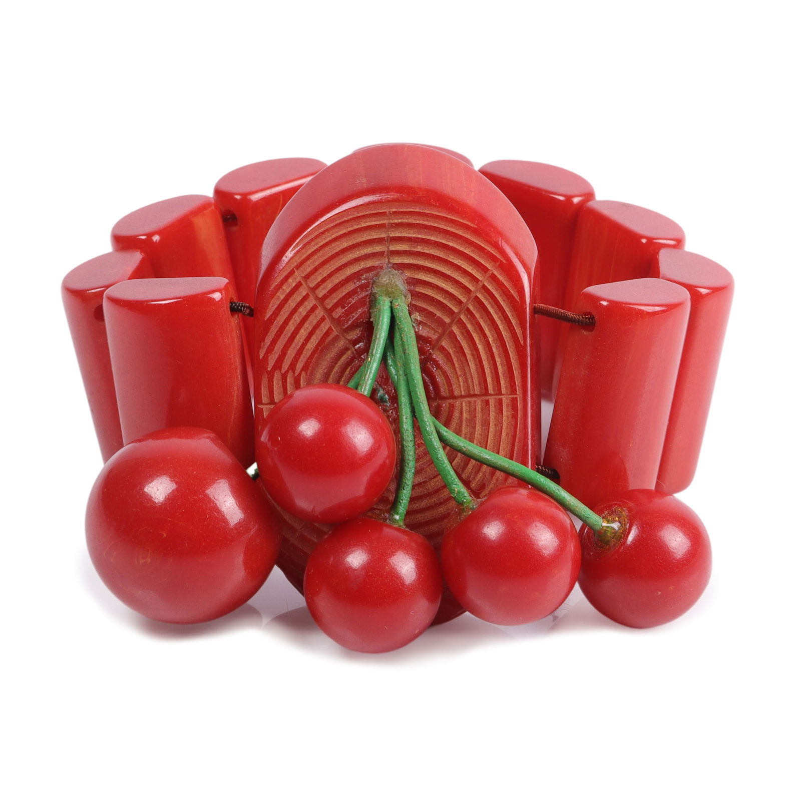Bakelite stretch panel bracelet with five cherry fruit dangle charms. 2 1/4" inner W., 1" cuff W. (1 of 5)