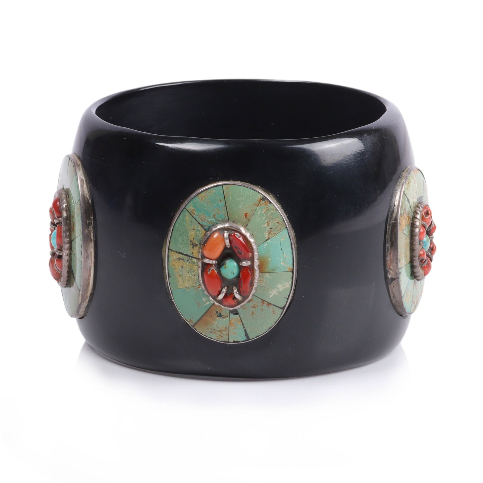 Artisan WIDE bracelet with five applied mosaic sterling, turquoise and coral ovals 2 5/8"inner W x 2 (1 of 2)