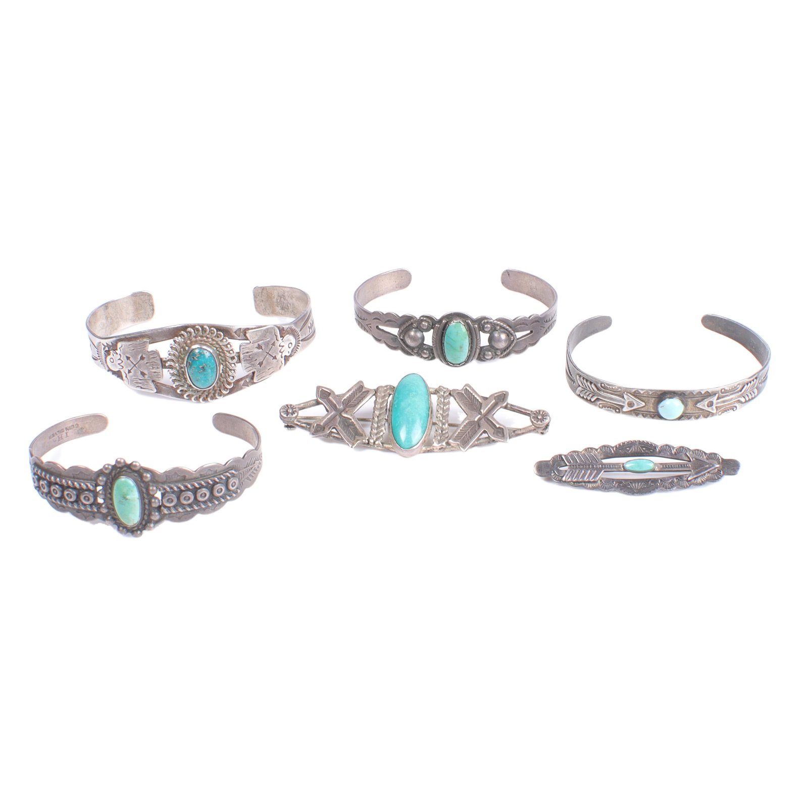 Native American Vintage 1940s Trading post silver and turquoise group: 4 cuffs and 2 pins. 2 1/2" (1 of 7)