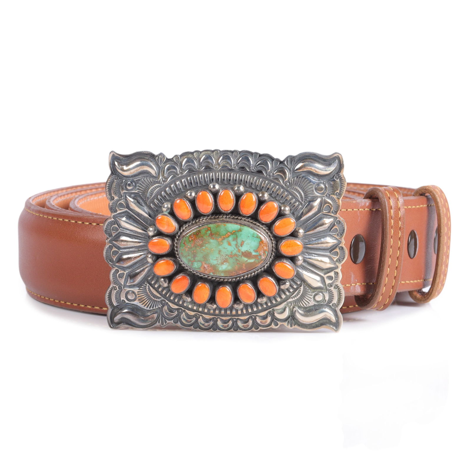 Darryl Becenti Navajo Native American sterling silver repousse belt buckle set with King's Manassa (1 of 7)