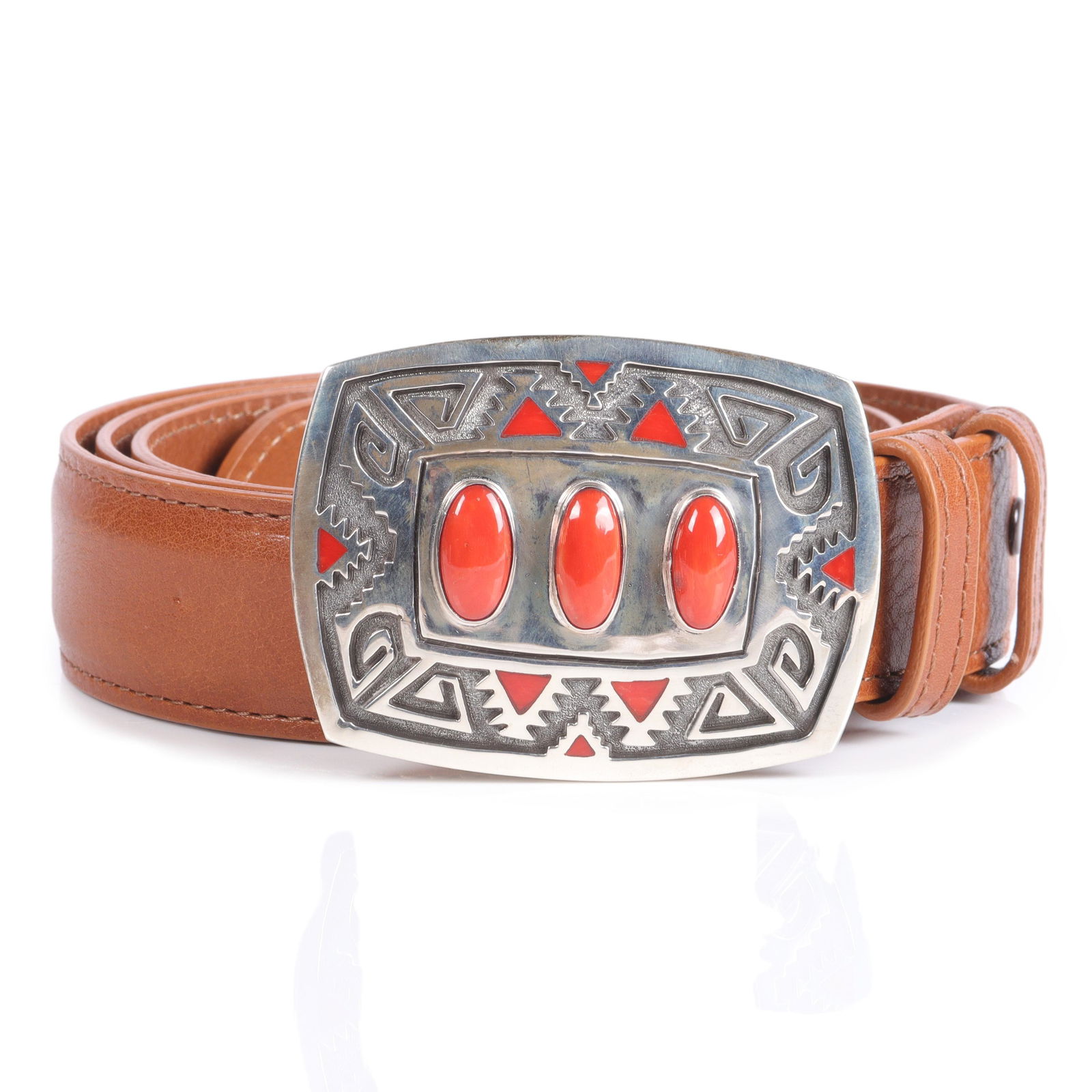 Michael Perry Navajo Native American sterling silver and Mediterranean oxblood coral belt buckle: Michael Perry Navajo Native American sterling silver and Mediterranean oxblood coral belt buckle with overlay rug pattern design. Tom Taylor genuine Italian calf handmade belt. size 40, 2 1/8"H x 2 7/