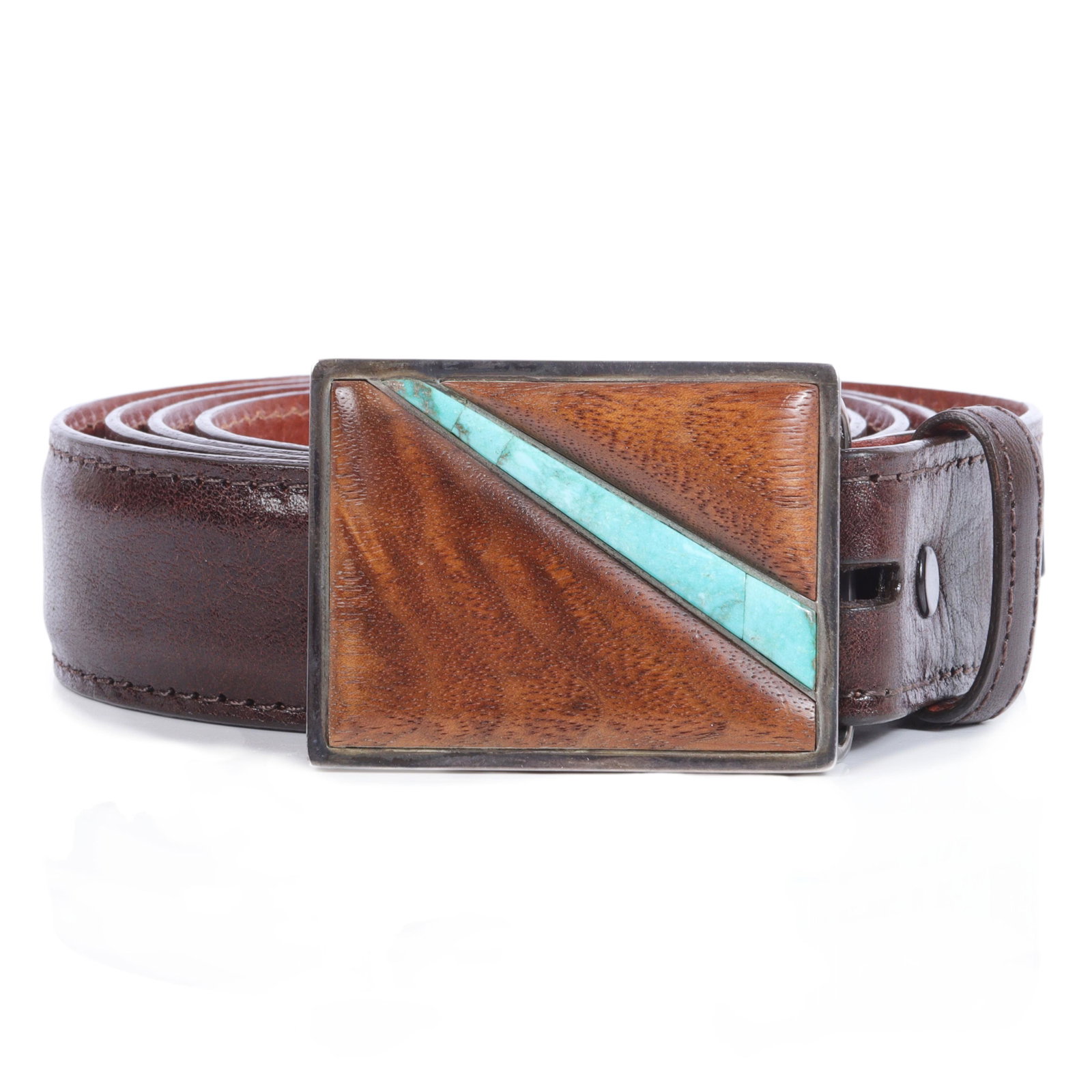 William Nibbelink Native American sterling silver belt buckle with turquoise and walnut inlay. size: William Nibbelink Native American sterling silver belt buckle with turquoise and walnut inlay. Engraved signature with monograph and S/S. Tom Taylor Genuine Italian calfskin handmade belt. size 42, 1 