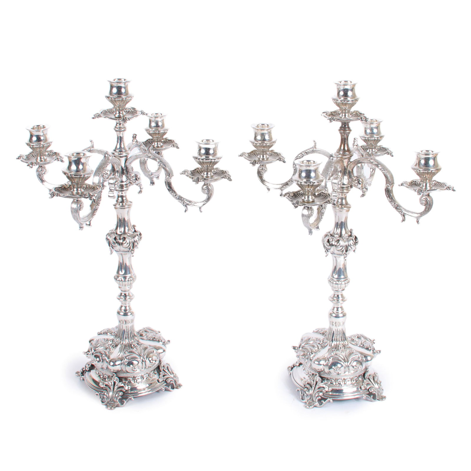 Pair Italy Sterling Silver 5 light Rococo candelabra, marked ITALY St STERLING. 18 1/2"H x 12"Diam., (1 of 11)