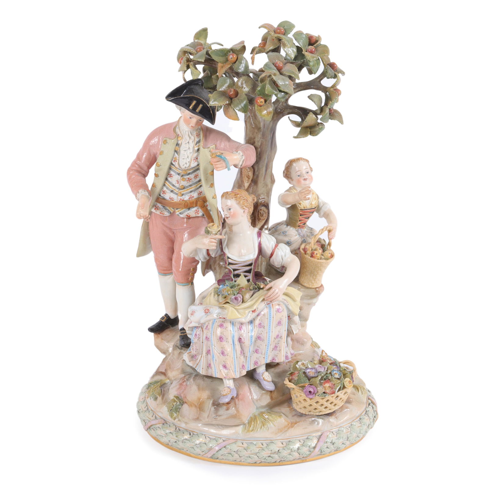 Meissen porcelain figure group of courting gardners under an apple tree with flower baskets. 10"H x (1 of 8)