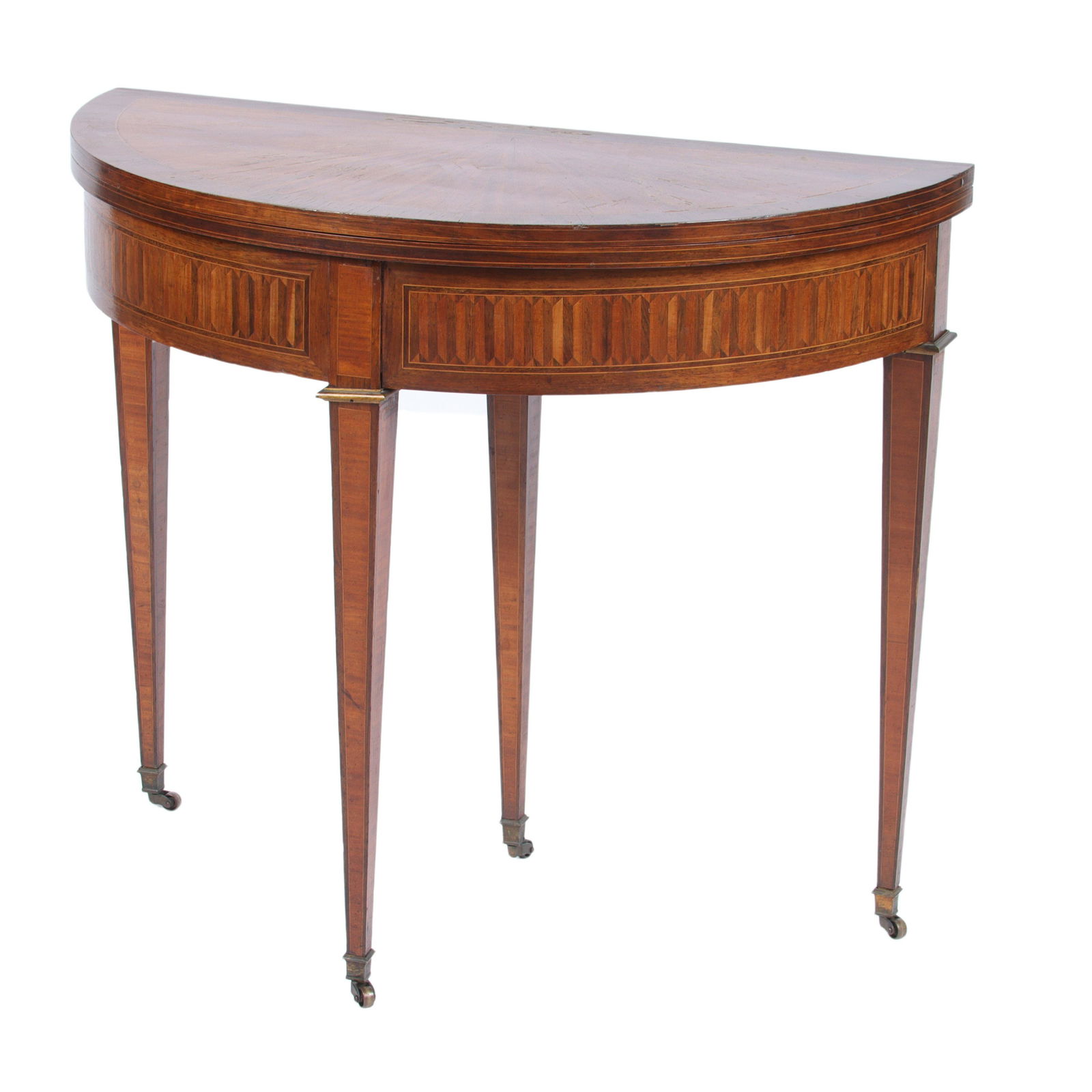 Directoire demilune fold top game table with satinwood inlay, 19th Century. 30 3/4"H x 35 1/2"W x 17 (1 of 10)