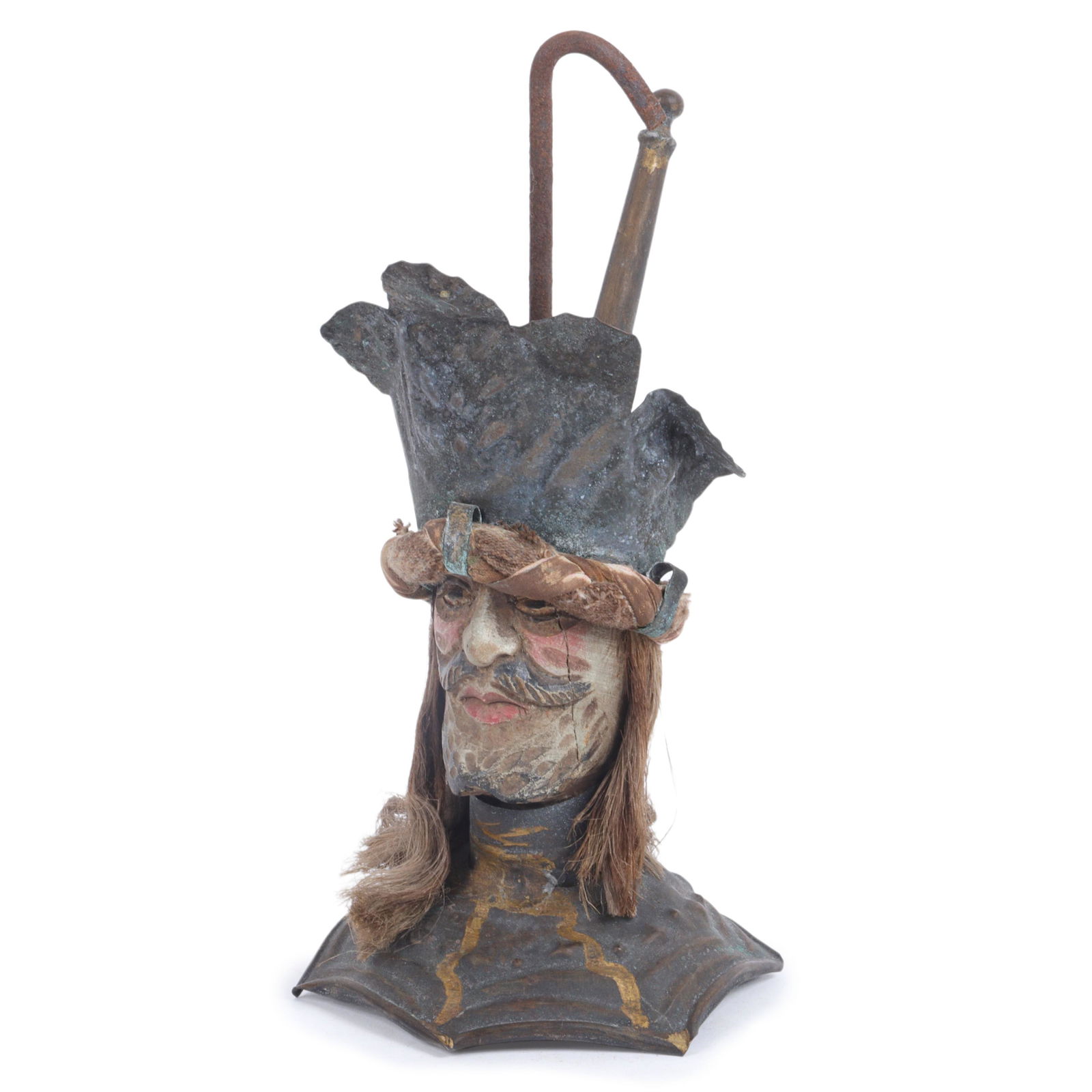 Sicilian Italian polychrome carved wood and metal Marionette Puppet head with crown. 9 3/4"H x 4 (1 of 8)