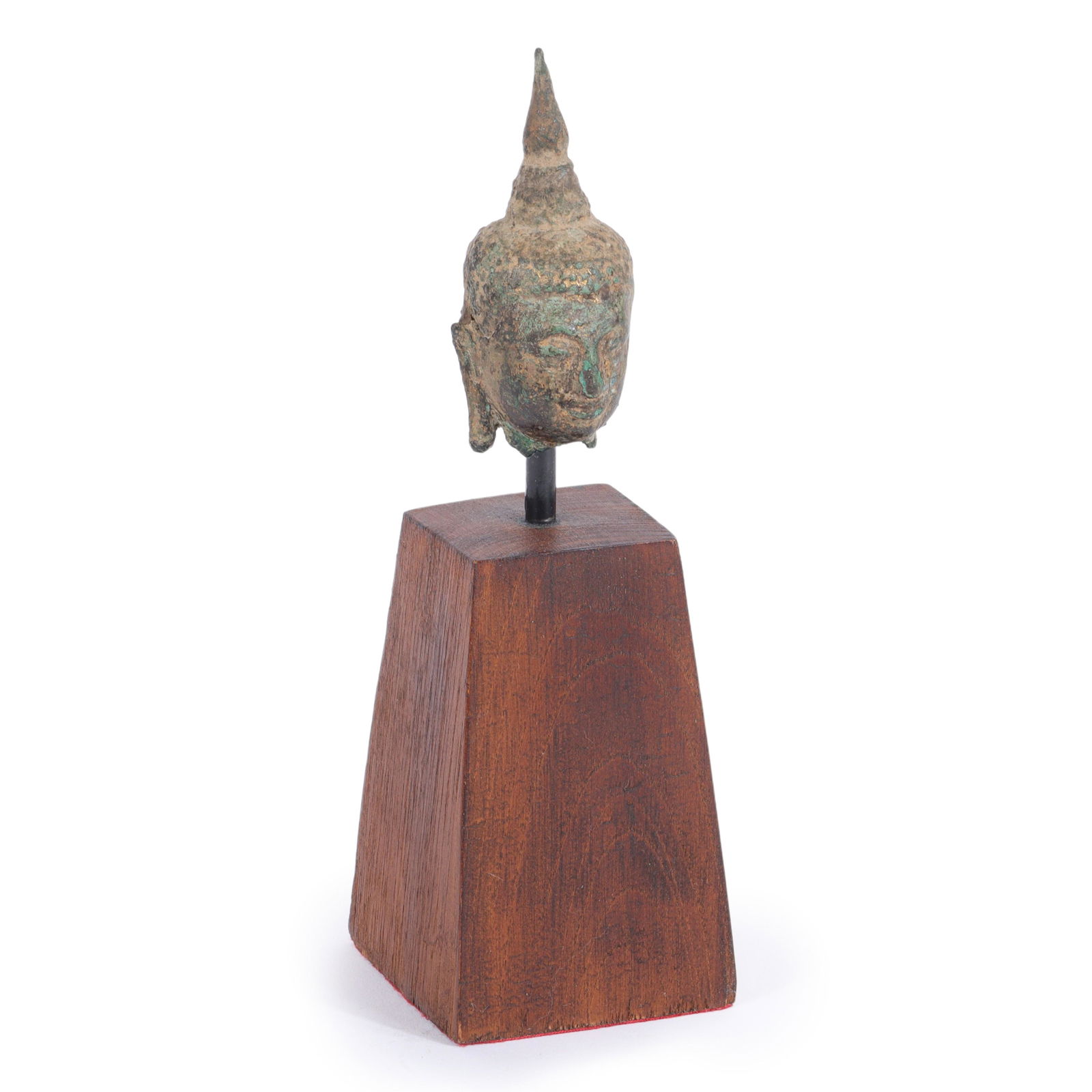 Antique bronze Thai Buddha head archaic sculpture fragment mounted on wood base. 7 7/8"H x 2 1/2"W x (1 of 5)