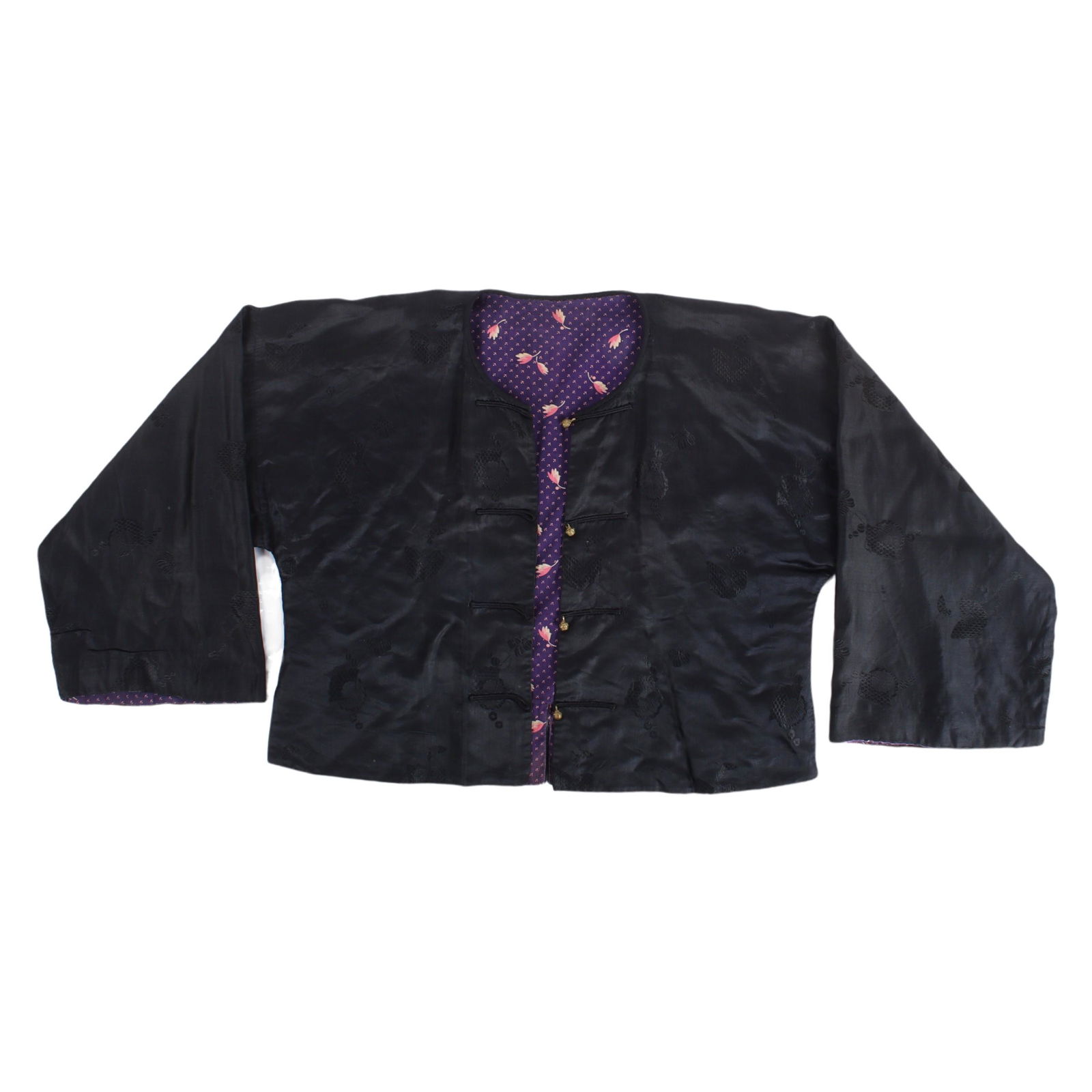 Chinese black silk men's jacket with textured brass buttons and purple pattern cotton lining. 22"L x (1 of 5)