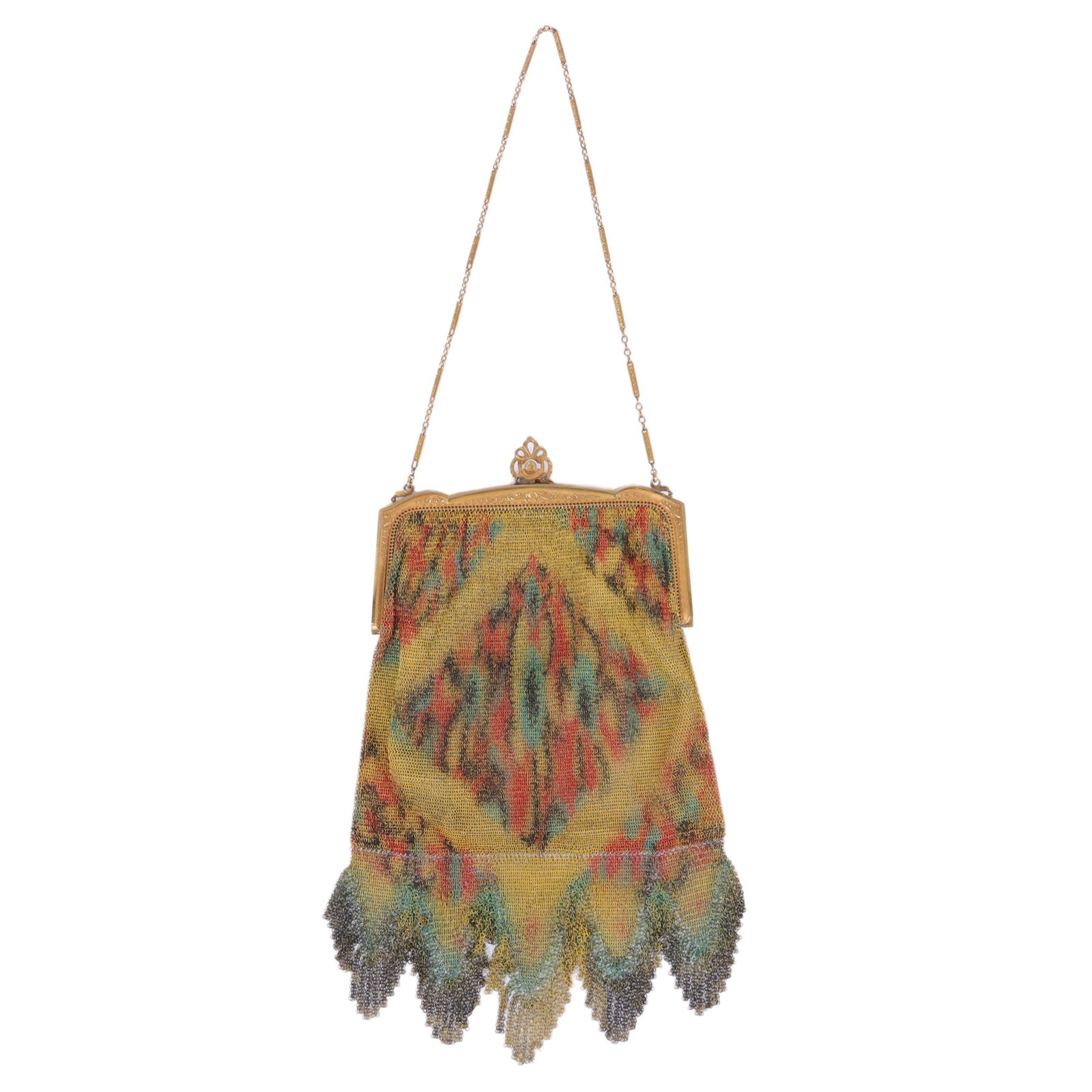 Whiting and Davis Art Deco polychrome lined metal mesh bag purse with hand mirror. 7 1/4" drop, 8 (1 of 7)