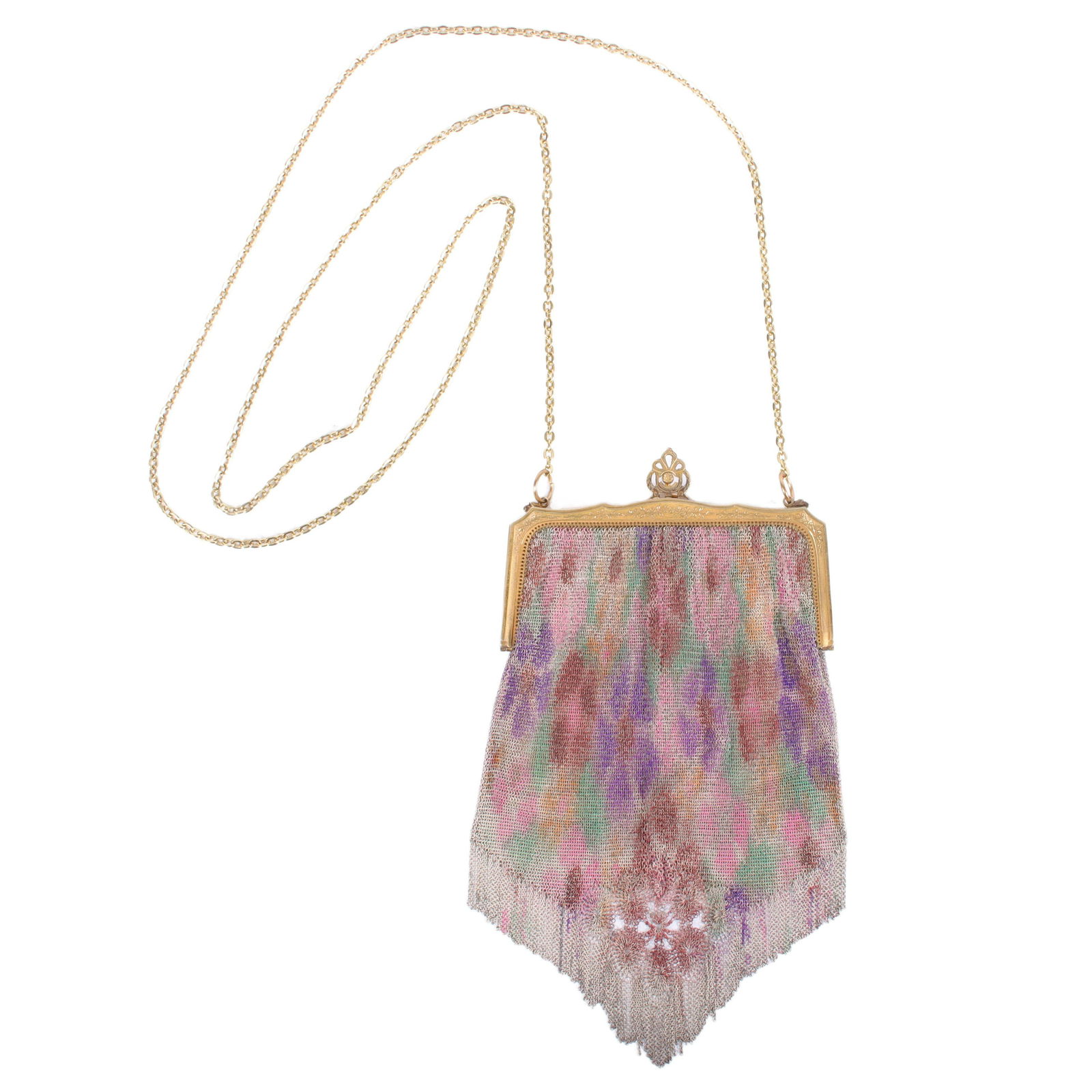 Whiting and Davis Deco polychrome lined metal mesh bag with hand mirror. 25" drop, 8 3/4"L x 4 3/4"W (1 of 6)