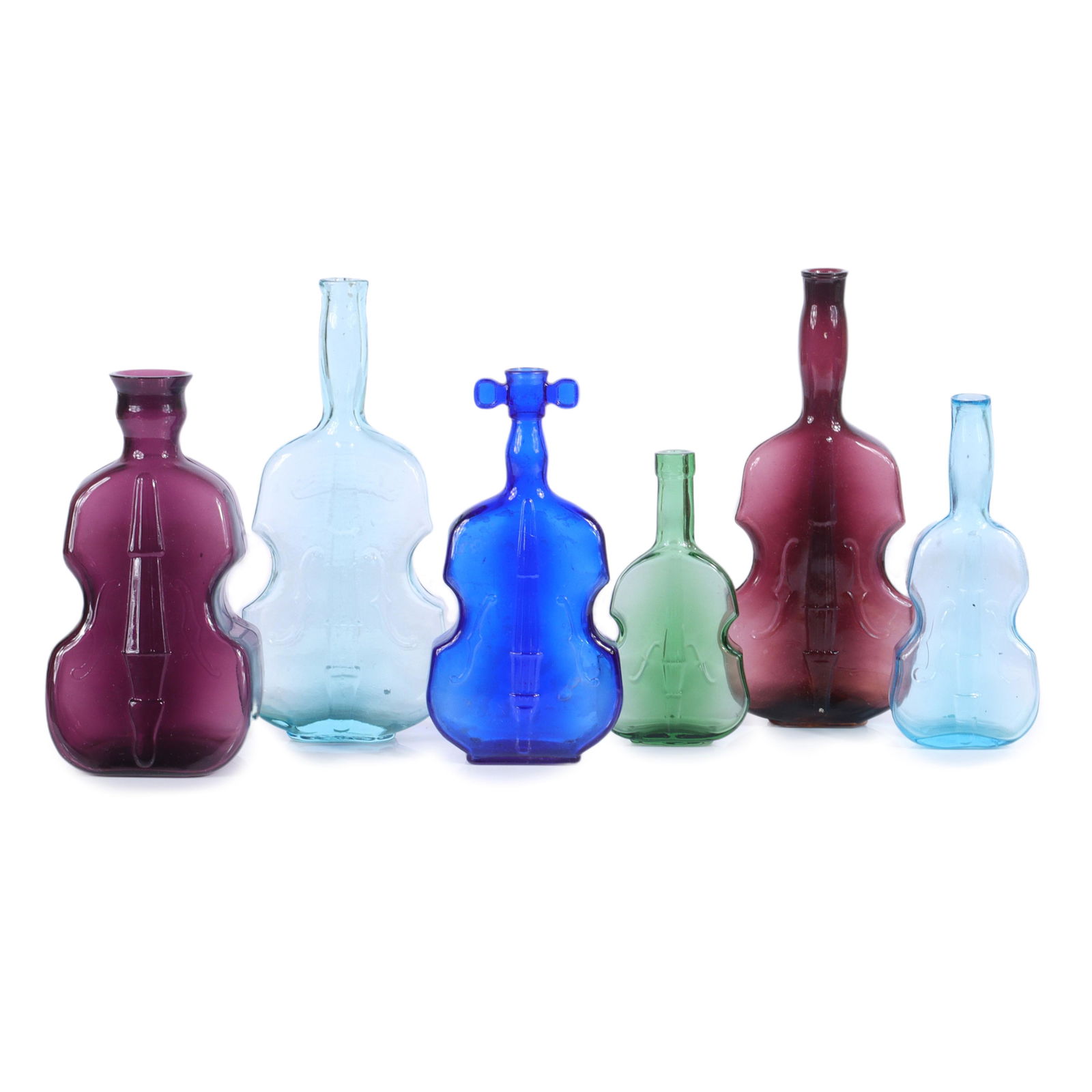 Antique multicolor American color glass violin bottles 6pc group: 10"H x 4"W x 1 1/4"D (largest) (1 of 8)