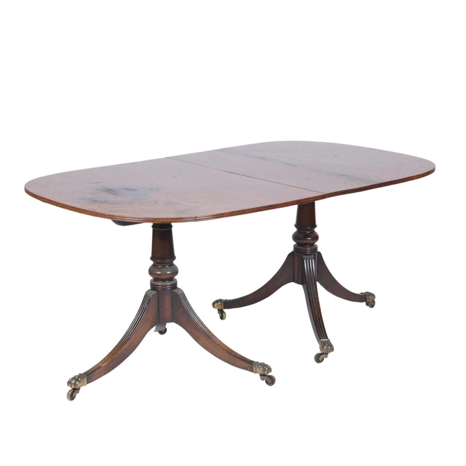 Duncan Phyfe antique period two part mahogany pedestal dining table with one leaf. 29"H x 39"W x: Duncan Phyfe antique period two part mahogany pedestal dining table with one leaf. 29"H x 39"W x 64"D, 29"H x 39"W x 81"D (with leaf)