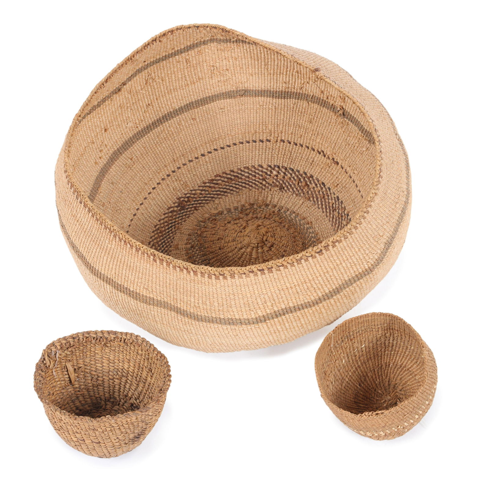 Three Native American woven baskets: large bicolor and two smaller 6"H x 10"Diam. (largest) (1 of 9)