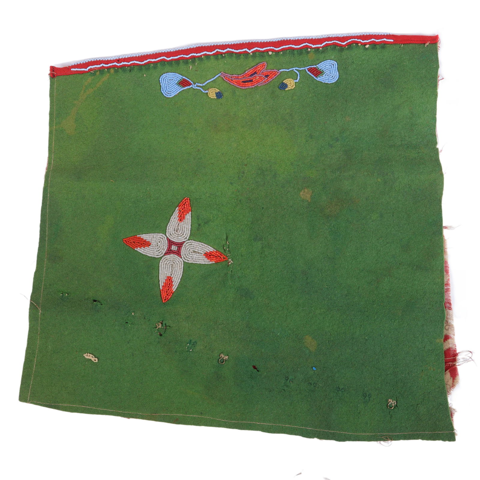 Native American Plains Indian beaded legging panel wrap on green felt floral feedsack lining 14"H x (1 of 7)