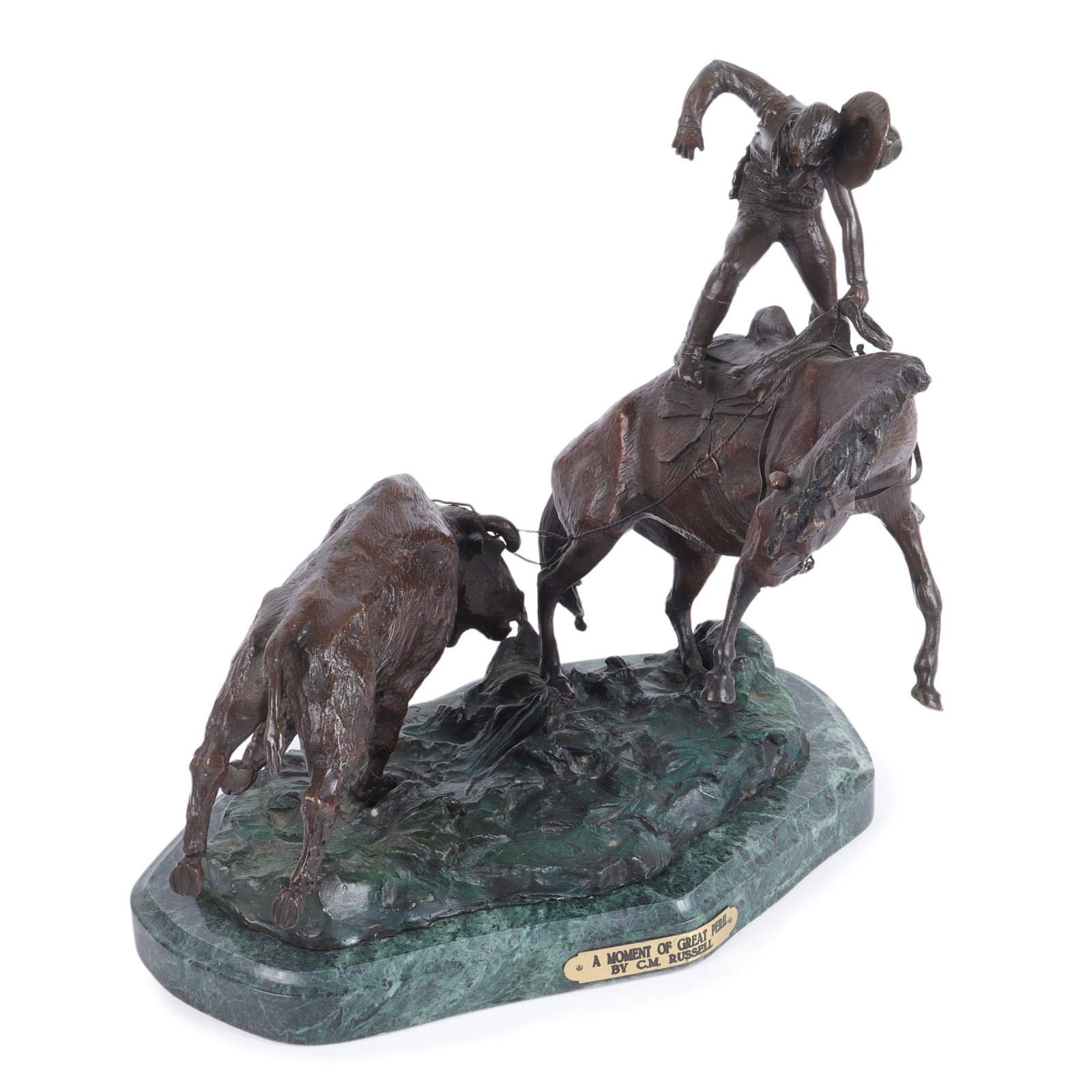 Bronze western sculpture after C.M. Russell's "A Moment of Great Peril" 14"H x 14"W x 10 1/2"D (1 of 7)