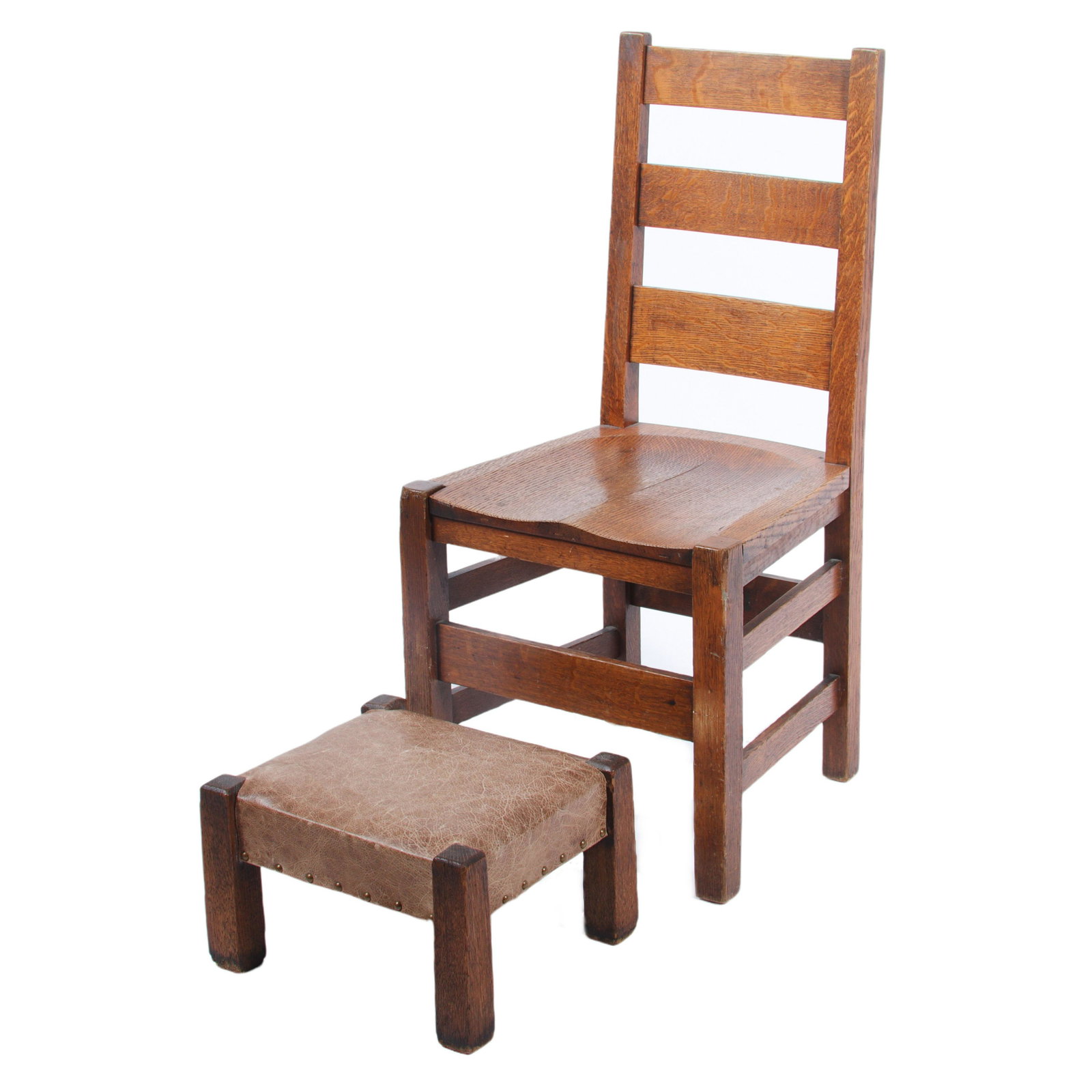 Stickley Bros. Quaint ladder side chair and Stickley attr. leather foot stool. 37"H x 18 1/4"W x 16 (1 of 11)