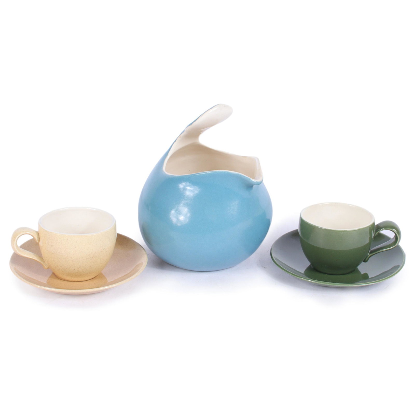 Eva Zeisel Town & Country MCM 5pc dish group: blue pitcher, green cup and saucer, 8 1/2"H x 7"Diam. (1 of 5)