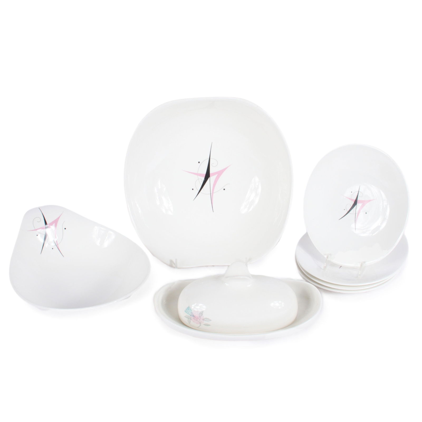 Eva Zeisel Hallcraft Harlequin MCM 7pc dish group: serving bowl, 4 bread plates, 6 1/2"Diam. (bread: Eva Zeisel Hallcraft Harlequin MCM 7pc dish group: serving bowl, 4 bread plates, lugged soup bowl, Eva Zeisel butter dish in different pattern. 6 1/2"Diam. (bread plate), 9"Diam. (serving bowl)