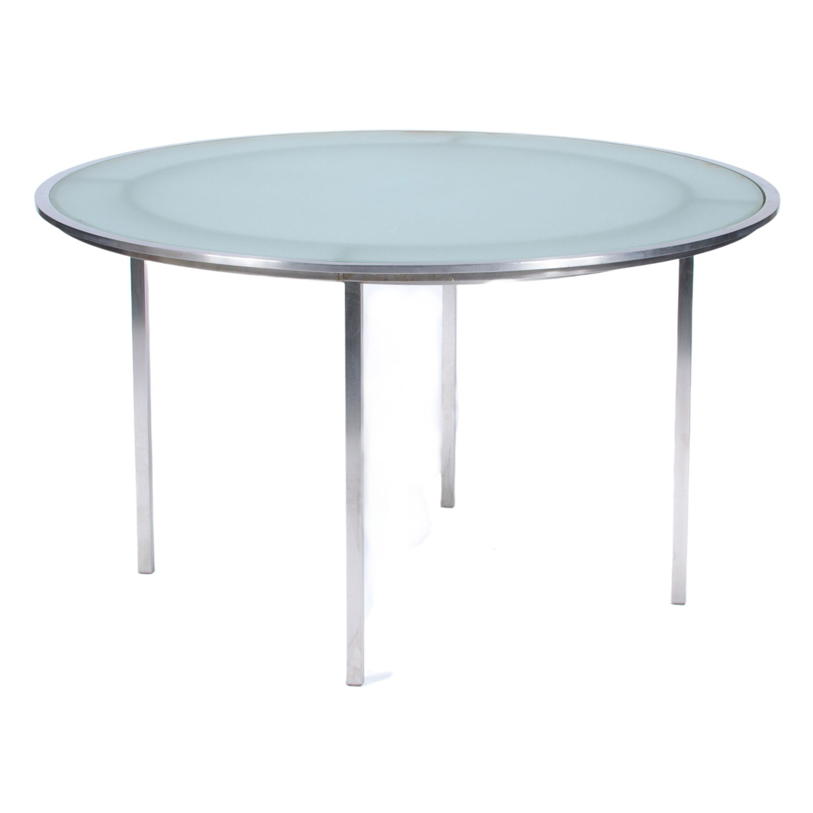 Richard Frinier for Brown Jordan NXT frosted glass top patio dining table, stainless steel. 28 1/2"H (1 of 6)