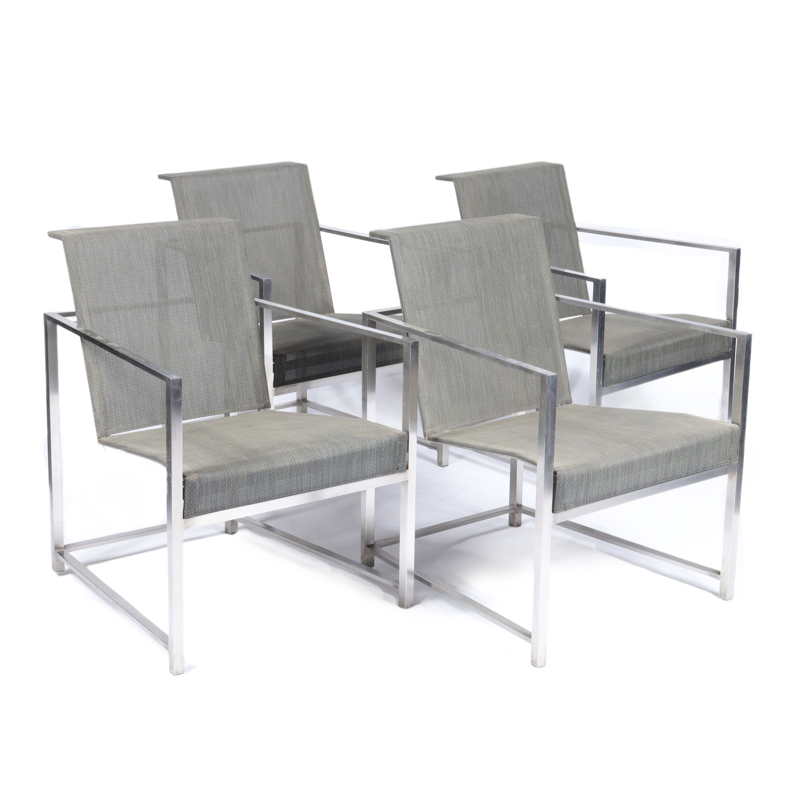 Four Richard Frinier for Brown Jordan NXT gray mesh patio dining arm chairs, stainless steel. 33"H x (1 of 12)