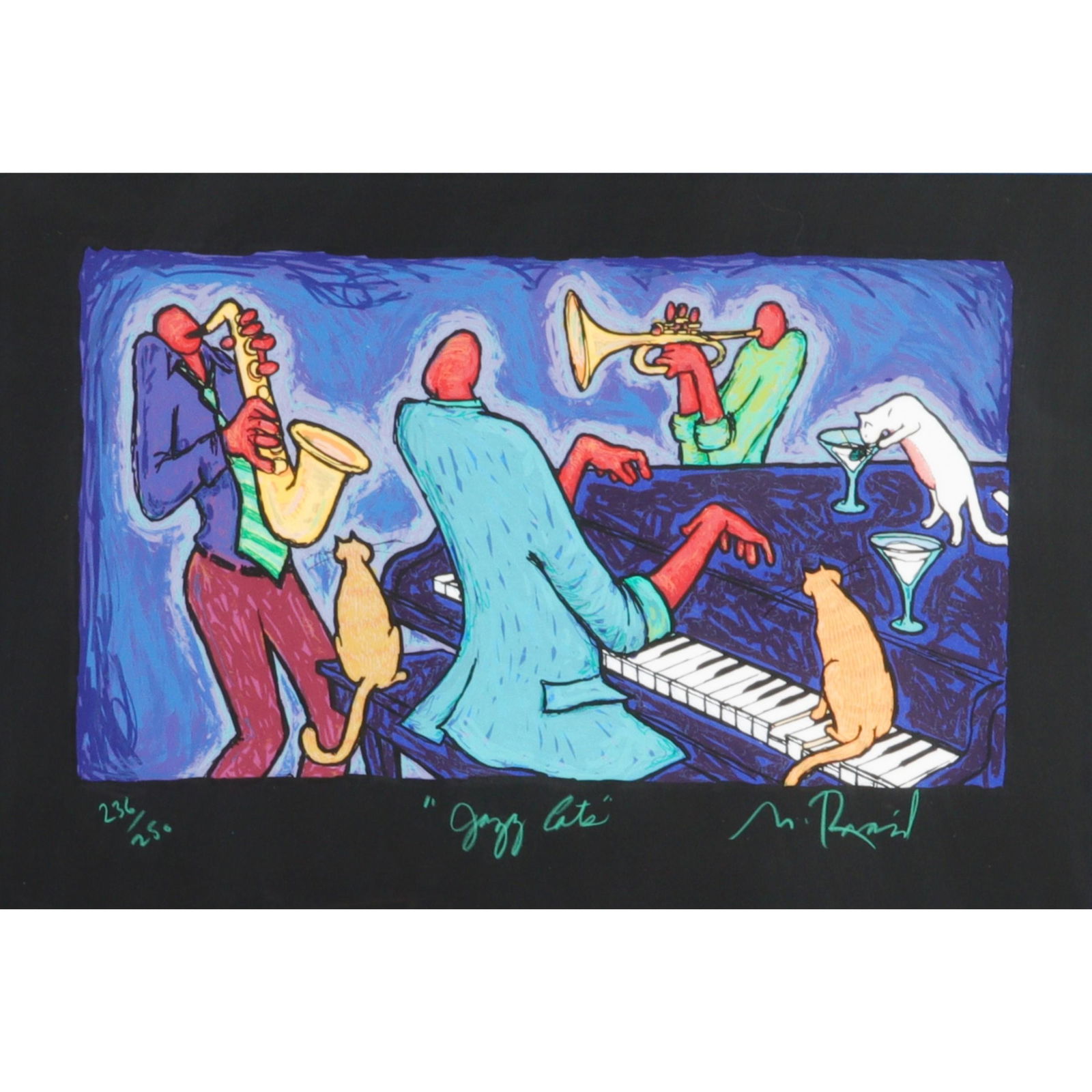 Matt Rinard, Louisiana (1964), Jazz Cats, serigraph print, 12"H x 18"W (image), 23 3/4"H x 30 1/2W": Matt Rinard Louisiana (1964) Jazz Cats serigraph print numbered lower left, titled lower center, signed lower right. 12"H x 18"W (image), 23 3/4"H x 30 1/2W" (frame)