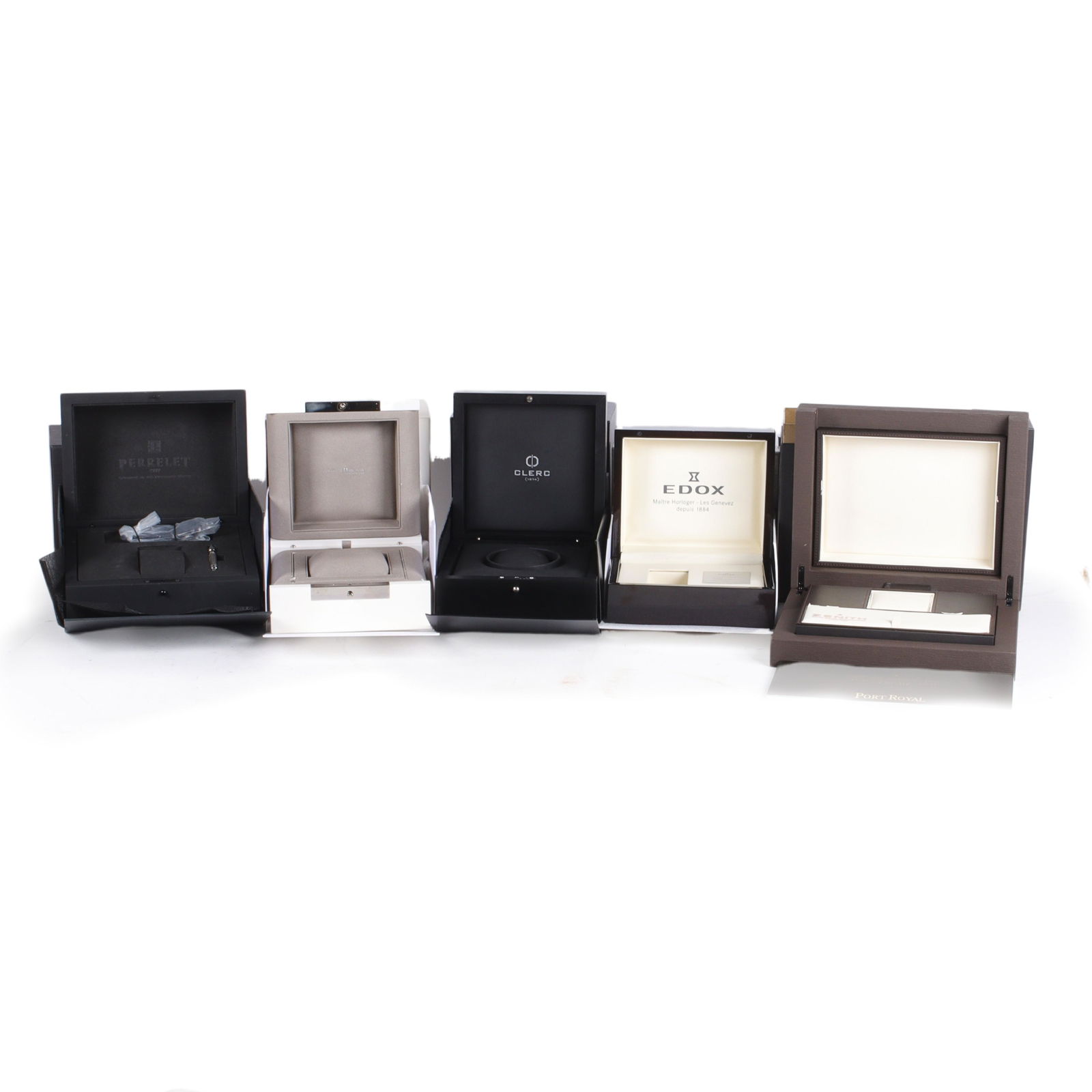Five luxury empty watch boxes including: Clerk, Perrelt, Edox, Arnold & Son, Zenith. 4"H x 10"W x (1 of 8)