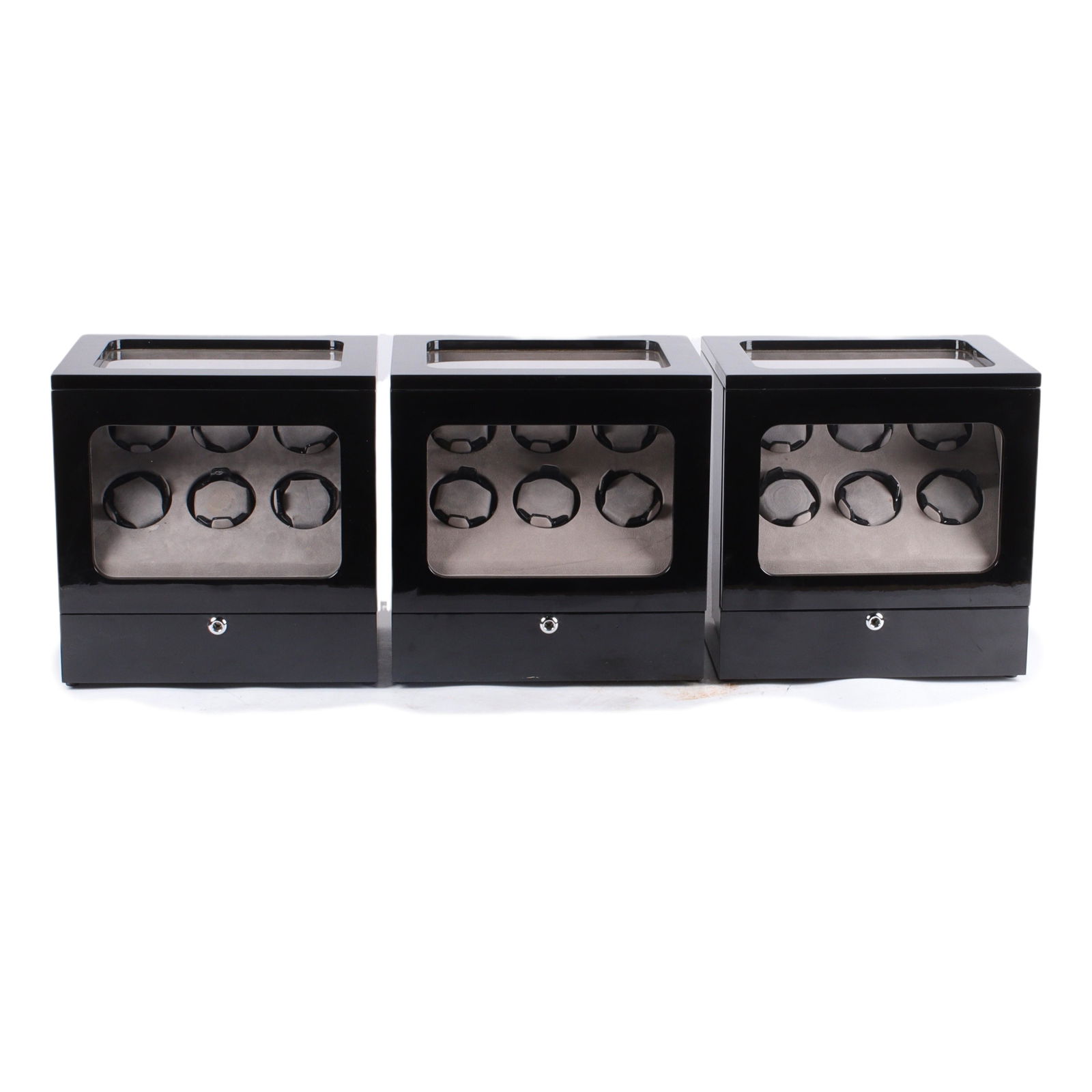 Three black lacquer locking watch winder cases with AC adaptors. 13 3/4"H x 12 1/2"W x 9 1/2"D (one) (1 of 17)