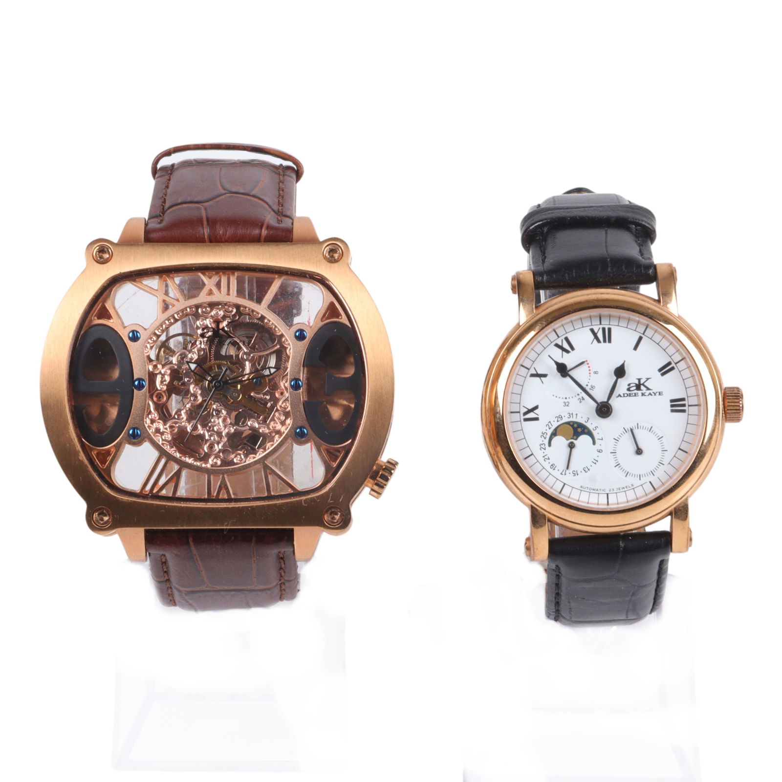 Two Adee Kaye Beverly Hills men's watches: Moon Face Power Reserve & transparent skeleton (1 of 10)
