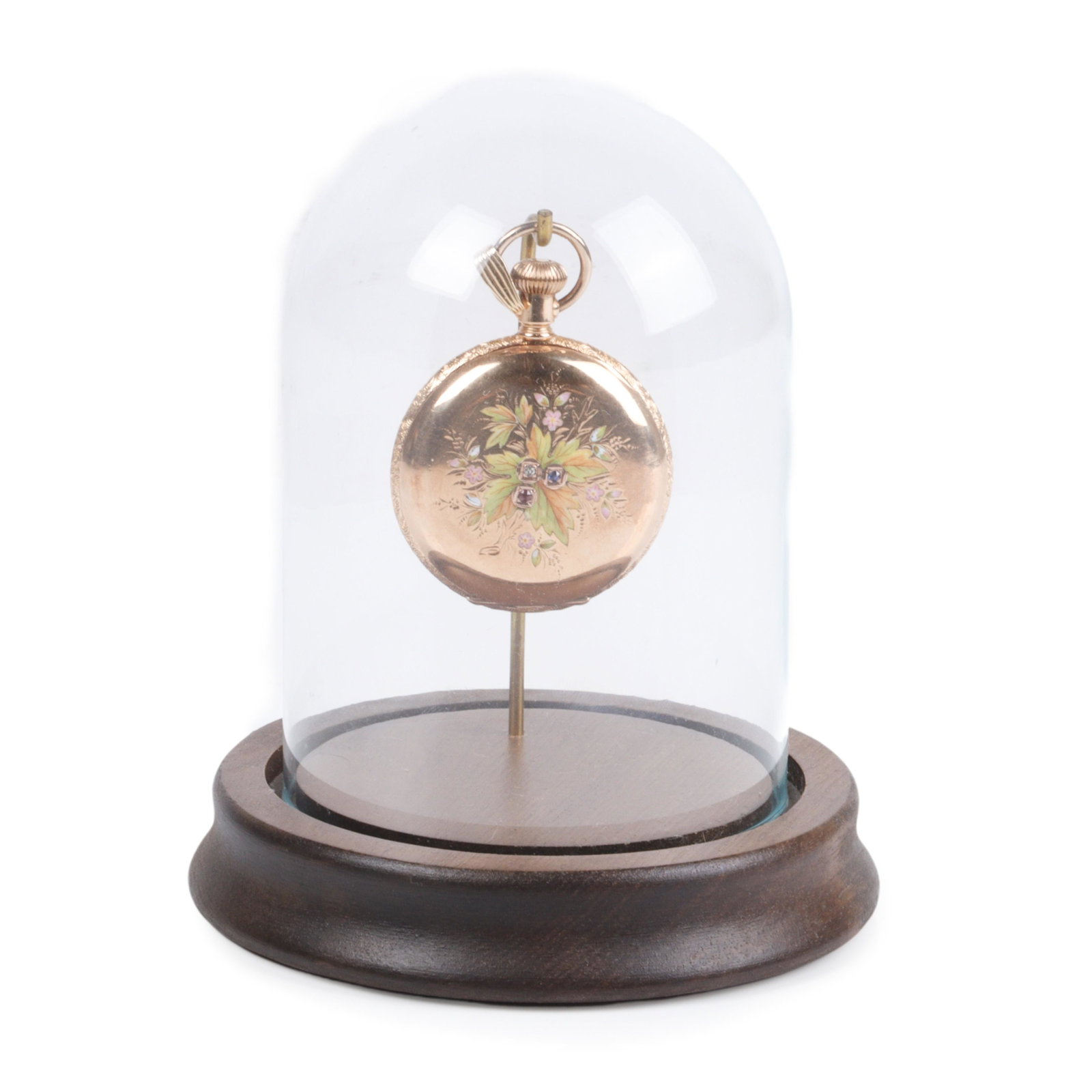 Whitaker & Co., Lebanon, IN women's pocket watch, 42mm, with monogram, enameled floral motif: Whitaker & Co., Lebanon, IN women's pocket watch, 42mm, with monogram, enameled floral motif, and ruby, diamond and sapphire accents. Includes display cloche. Currently not working.