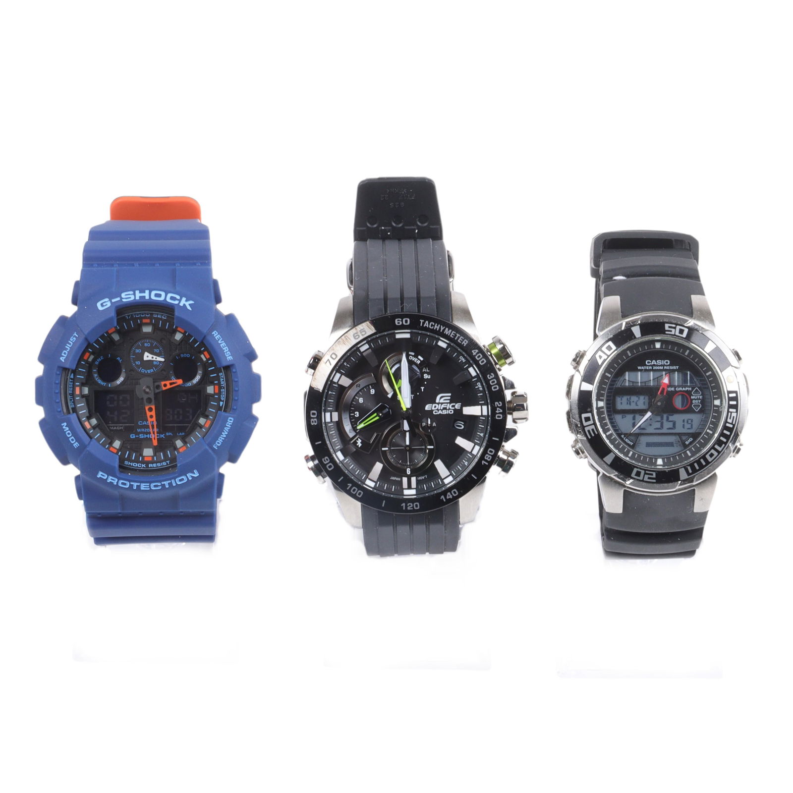 Three Casio men's watches: Ediface Sports EQB 800, Casio 5027, G-Shock: Three Casio men's watches: Ediface Sports EQB 800, Casio 5027, G-Shock Casio Edifice EQB 800 R003, 45mm, with box. Casio Tide Graph Moon Phase Thermometer World Time, 5027 MDV-701, 40mm. Casio G-Shock