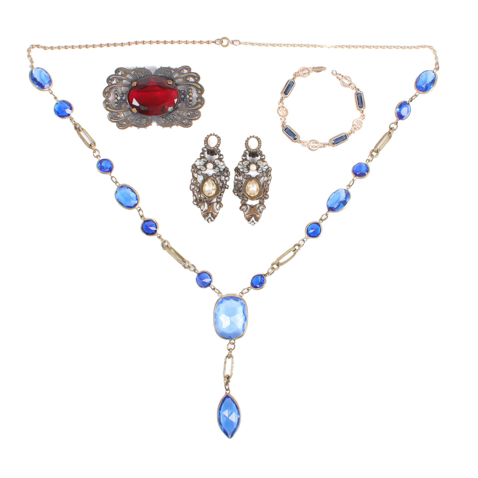 Czech Art Deco 4pc jewelry group: faceted GIANT blue bezel set faceted glass station brass necklace (1 of 7)