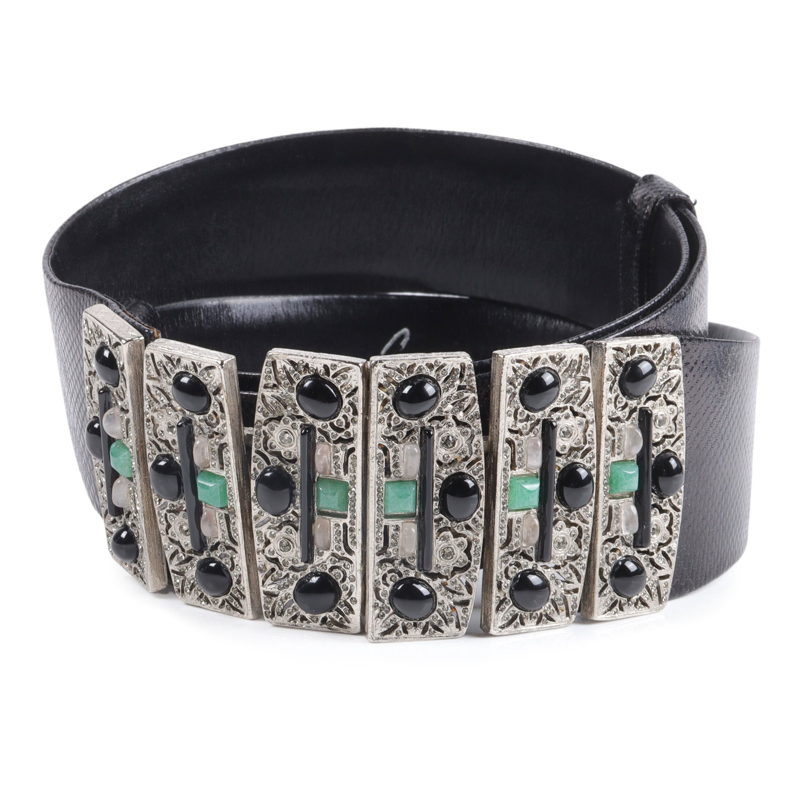 Judith Leiber Designer black Karung belt with silver 6 panel Art Deco filigree buckle adjustable to (1 of 9)
