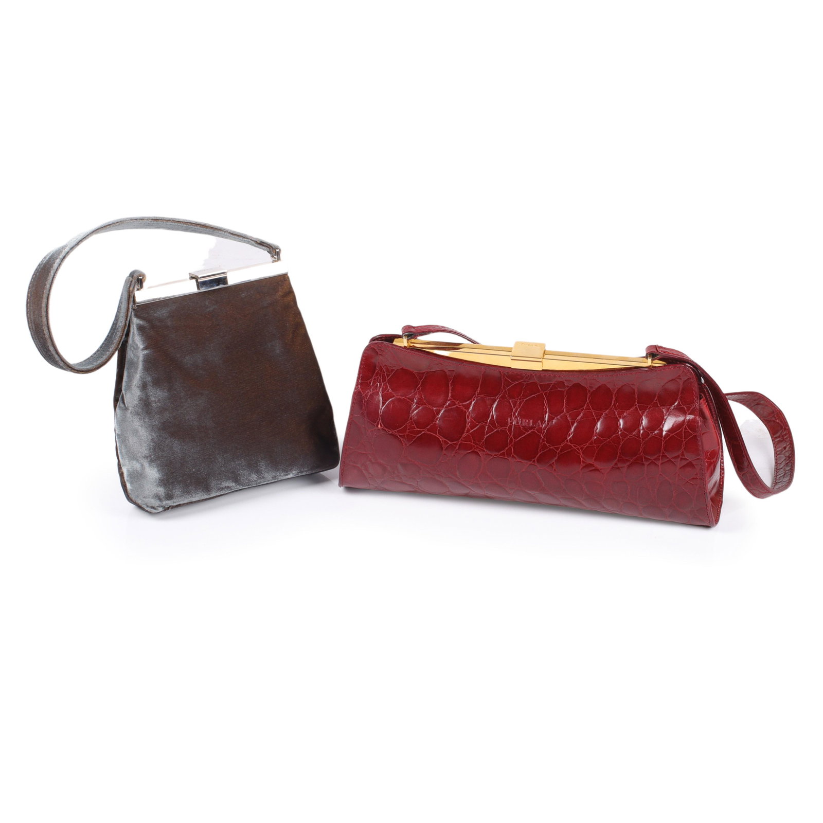 Two Furla designer purses: green velvet evening bag and embossed red leather alligator shoulder bag (1 of 10)