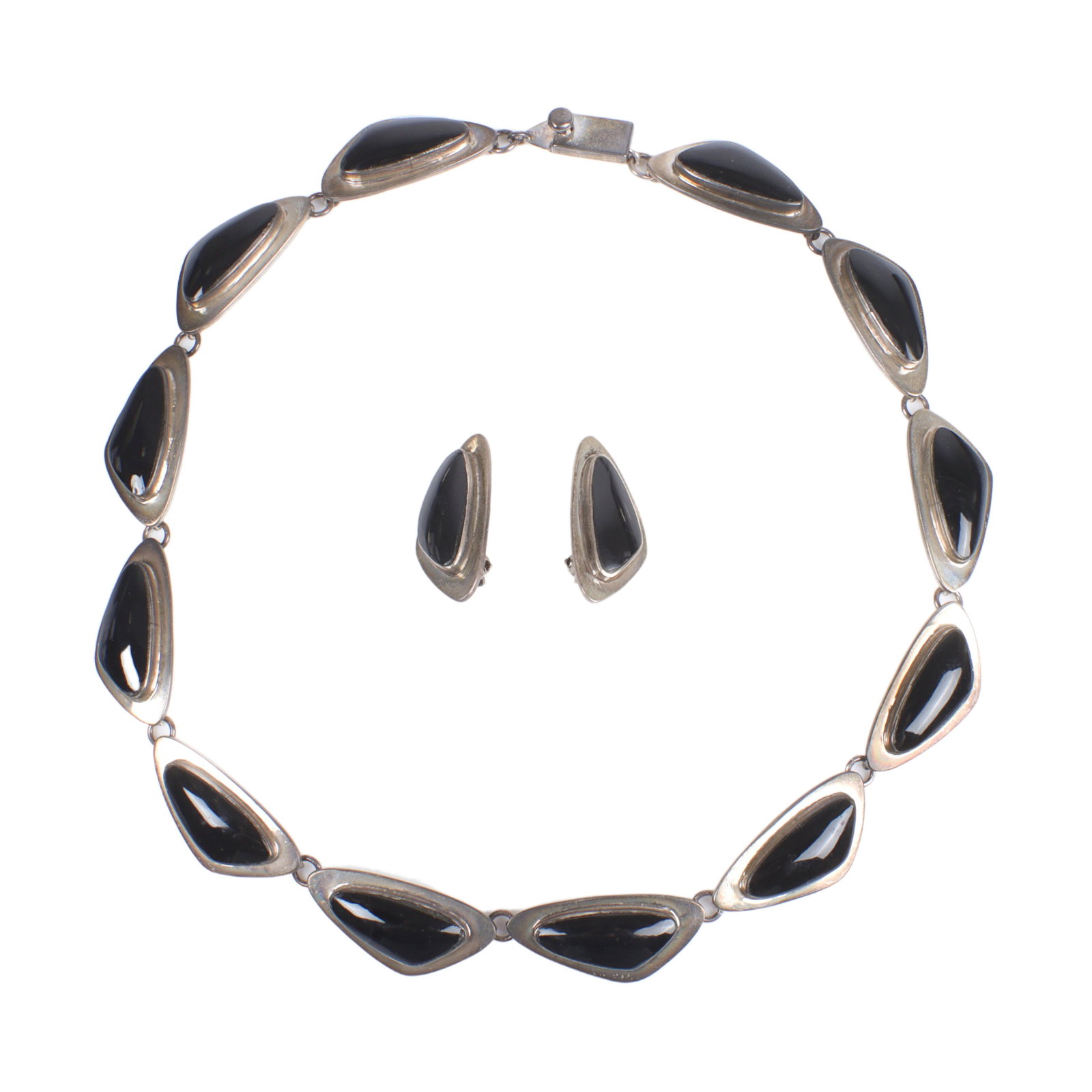 J Gomes Taxco Mexican modernist sterling silver and onyx inlay necklace and earring set. 17"L (1 of 8)
